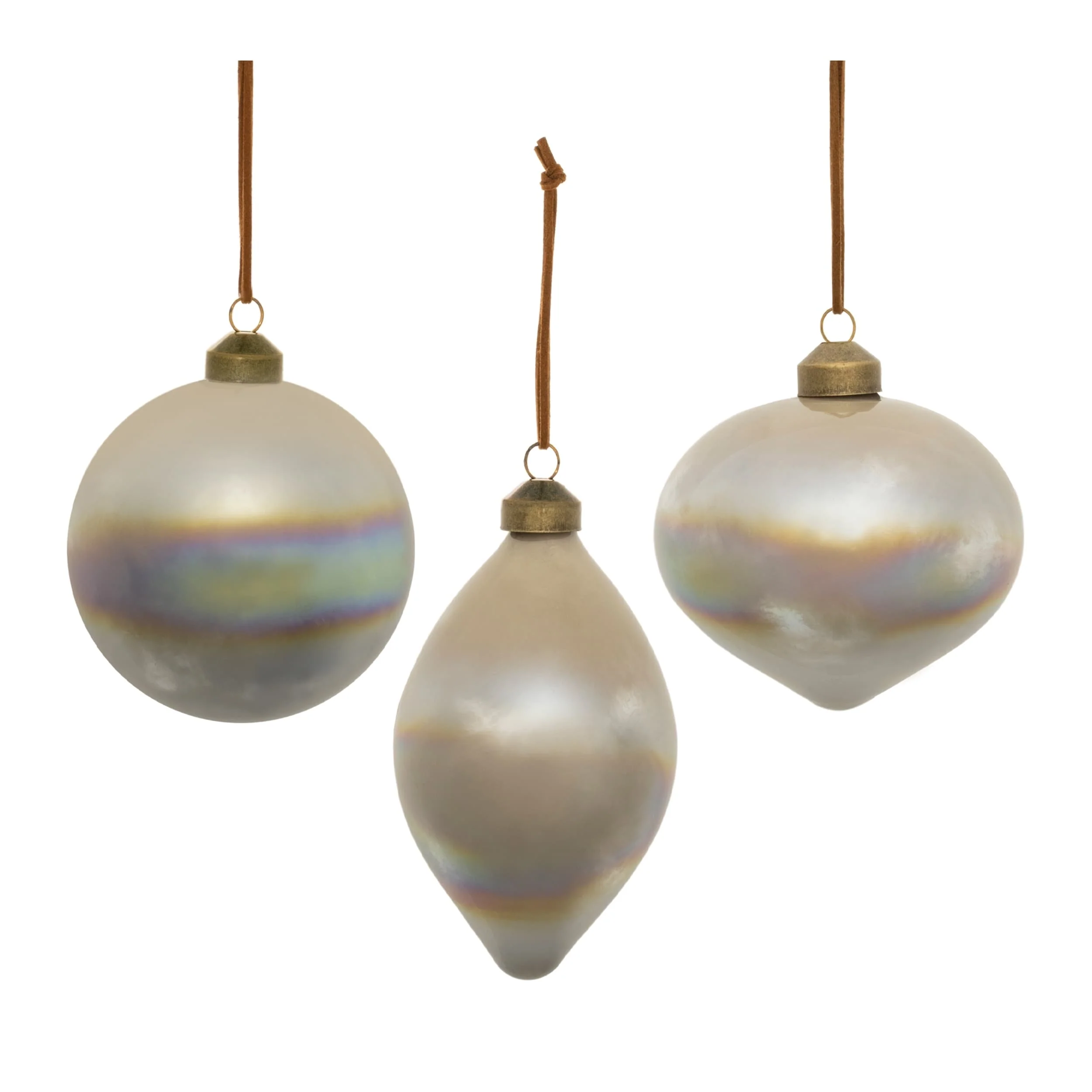 Iridescent Glass Ornaments with Leather Hanger Set of 6 Decor - 3” x 3” x 6” (L x W x H)