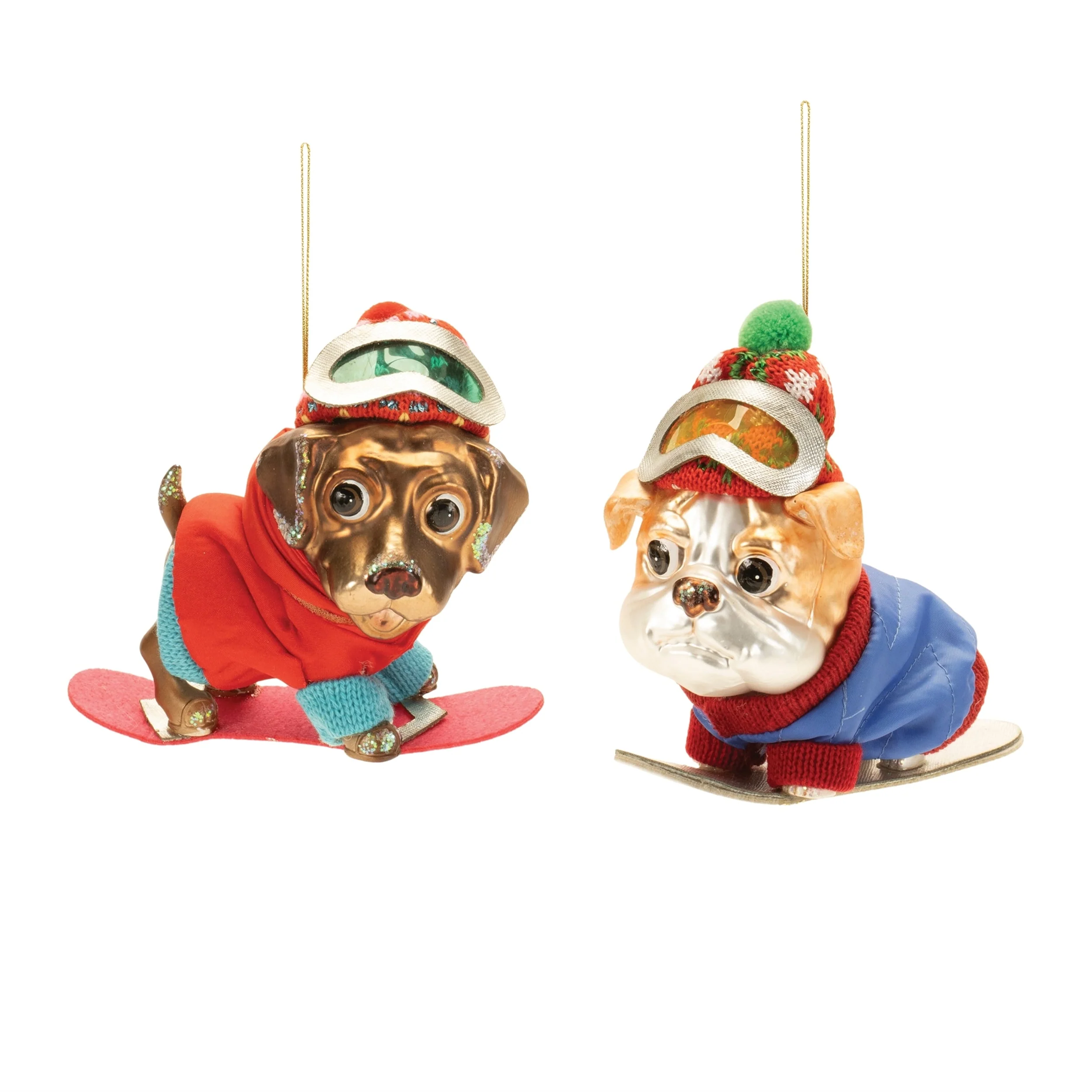 Snowboarding Dog Ornaments Glass Christmas Tree Decor Set of 6 - 5.75” x 3.5” x 5”