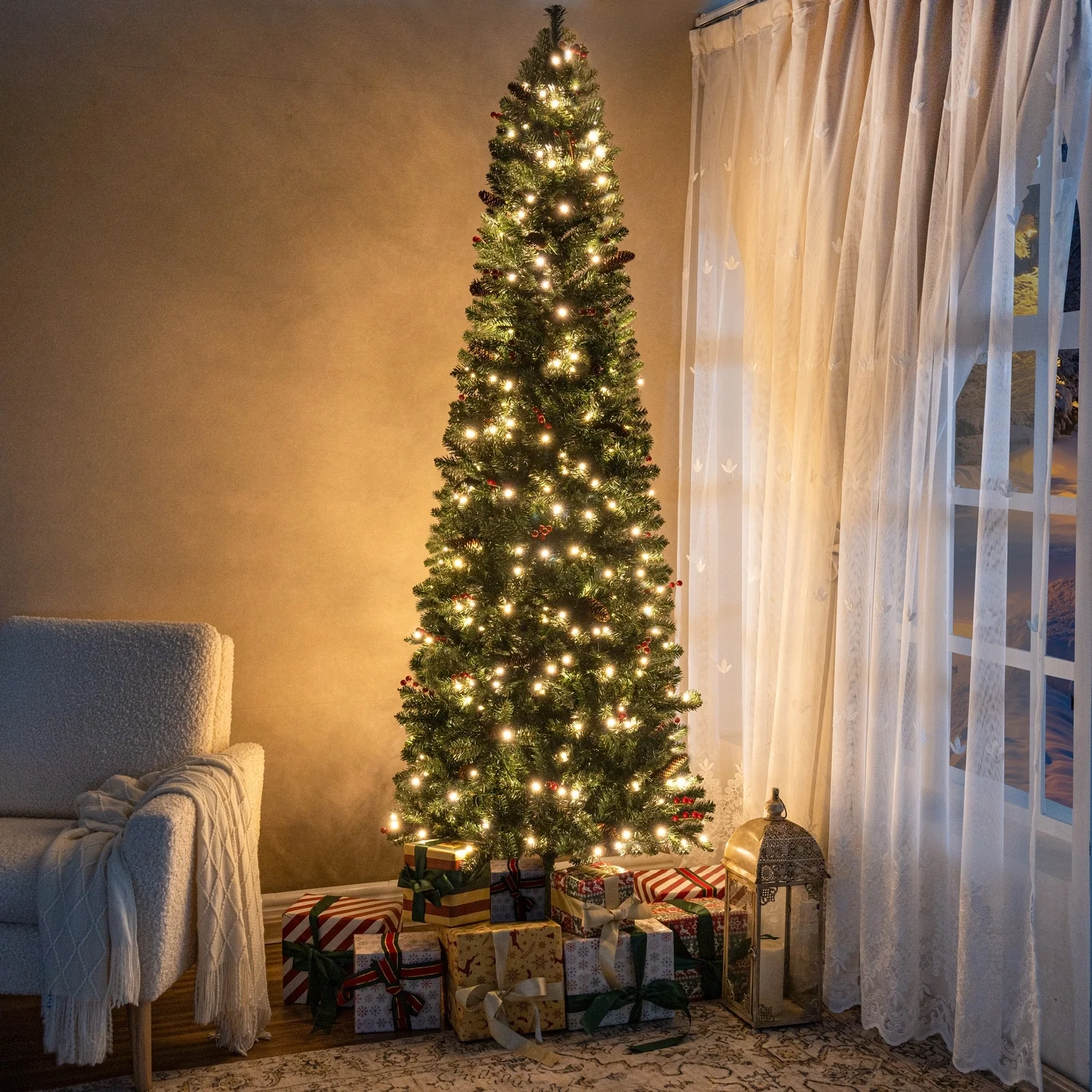6.5ft Pencil Christmas Tree Prelit pre-Decorated with Pine Cones Red Berries 250 Warm Lights and Metal Stand