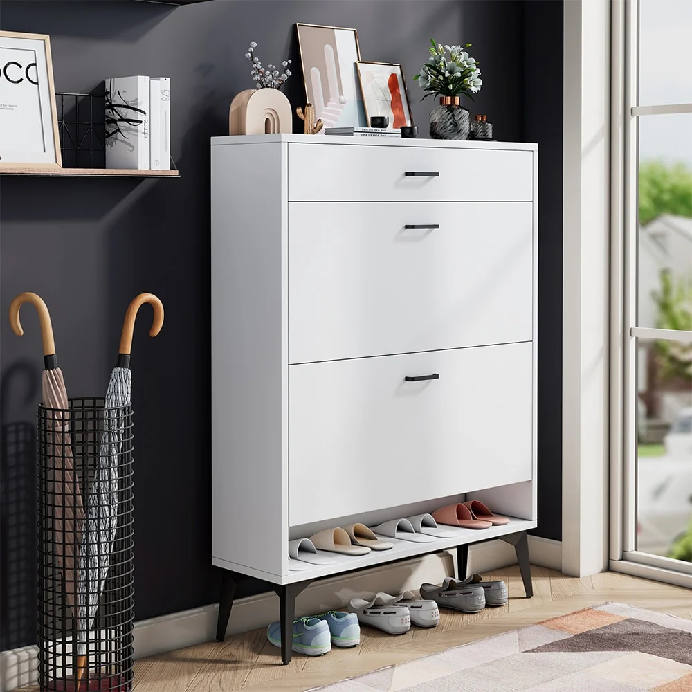 3-Drawer Wood Shoe Storage Cabinet with Removable Panels & 1 Open Shelf
