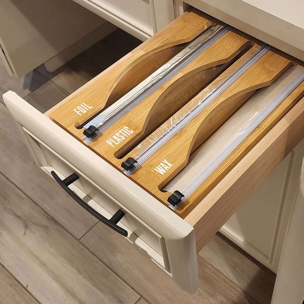 Luxe Bamboo Plastic Wrap/Wax Paper/Aluminum Foil Dispenser for Drawer or Wall Mountable - Cling Wrap / Tin Foil Kitchen Holder