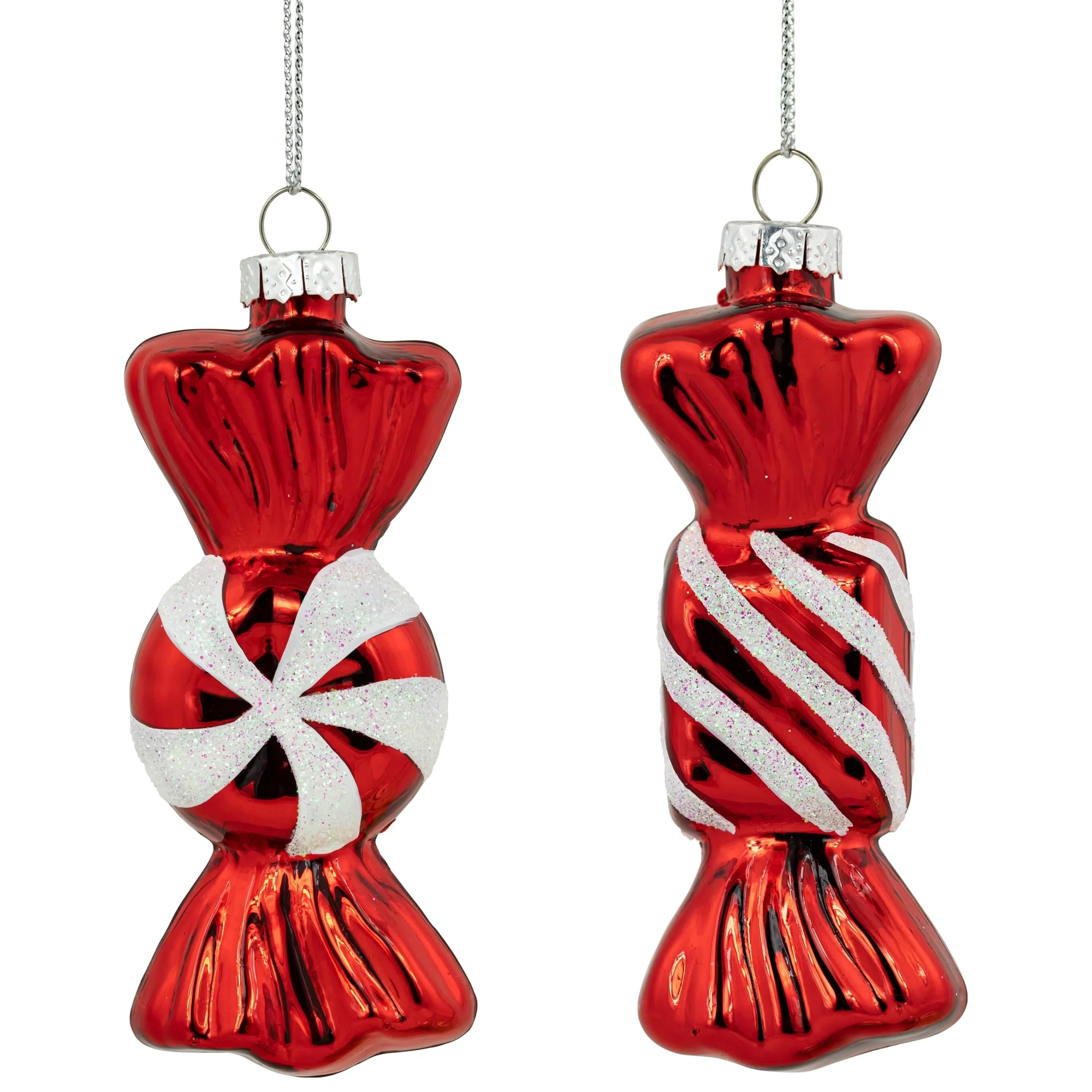 Set of 2 Shiny Red White Glittered Candy Christmas Glass Ornaments 4