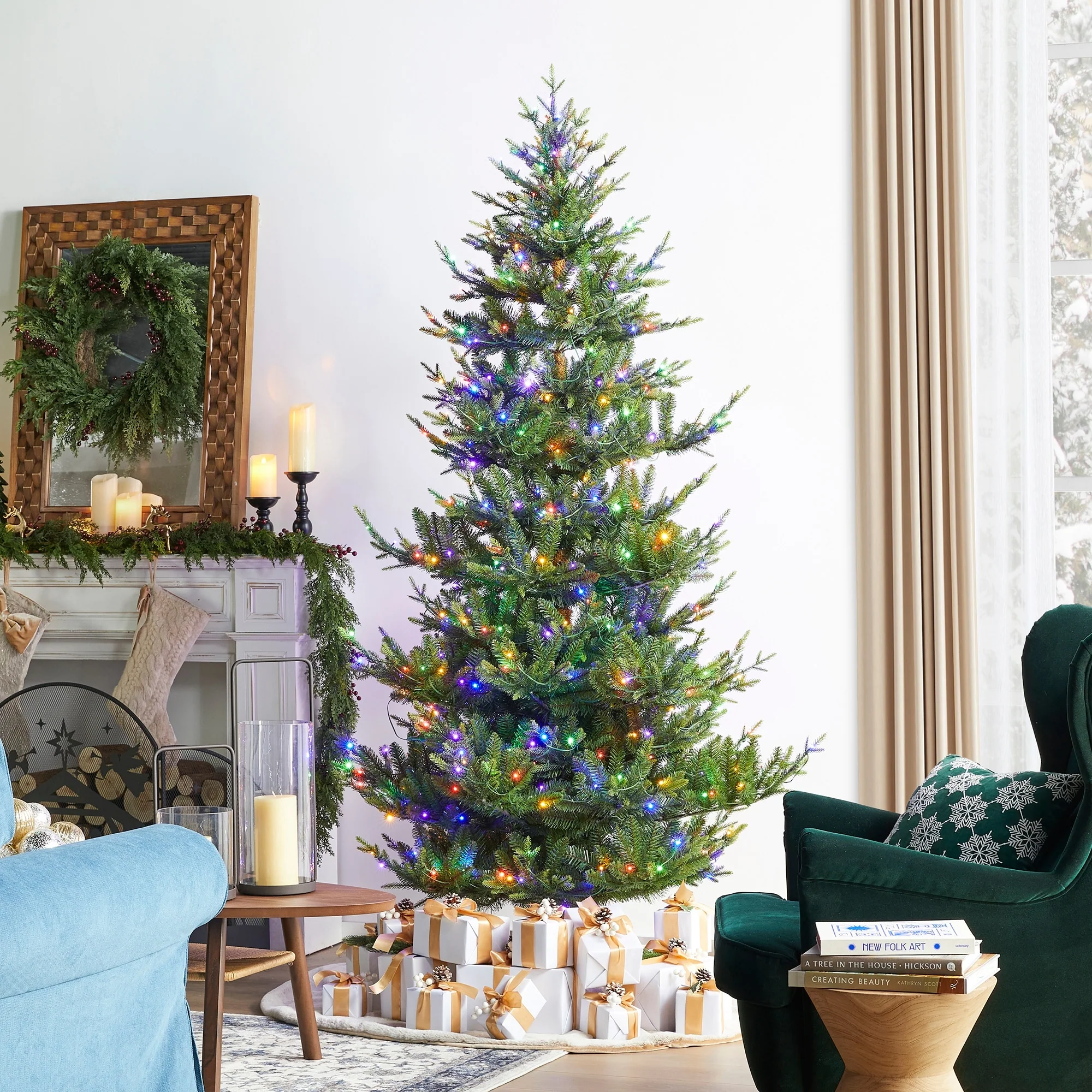 Glitzhome 7.5ft/9ft Pre-Lit Green Upward Slim Fir Artificial Christmas Tree with Foot Pedal Remote Control