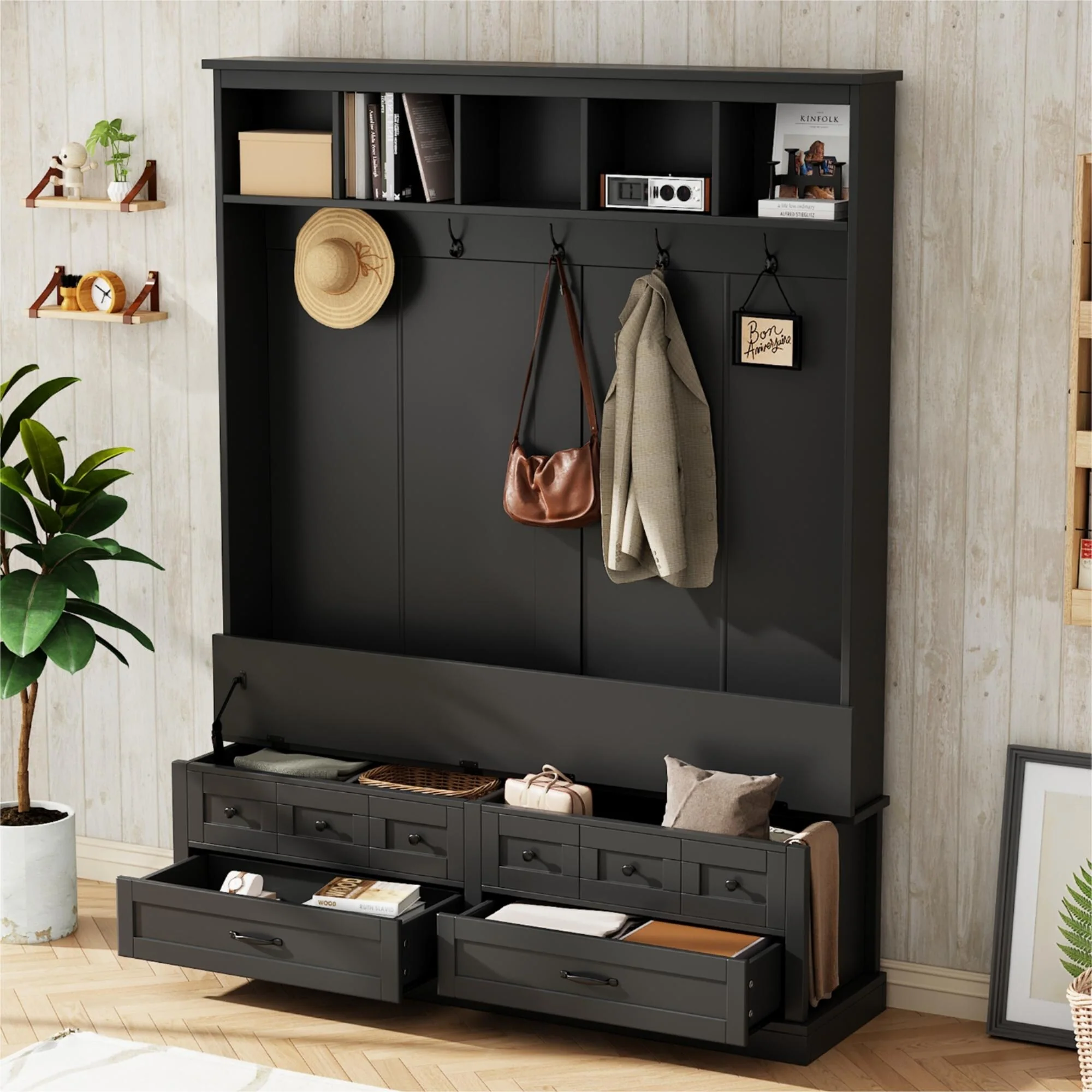 Elegant Wide Hall Tree with 5 Hooks, Versatile Entryway Lift Top Storage Bench with 2 Drawers