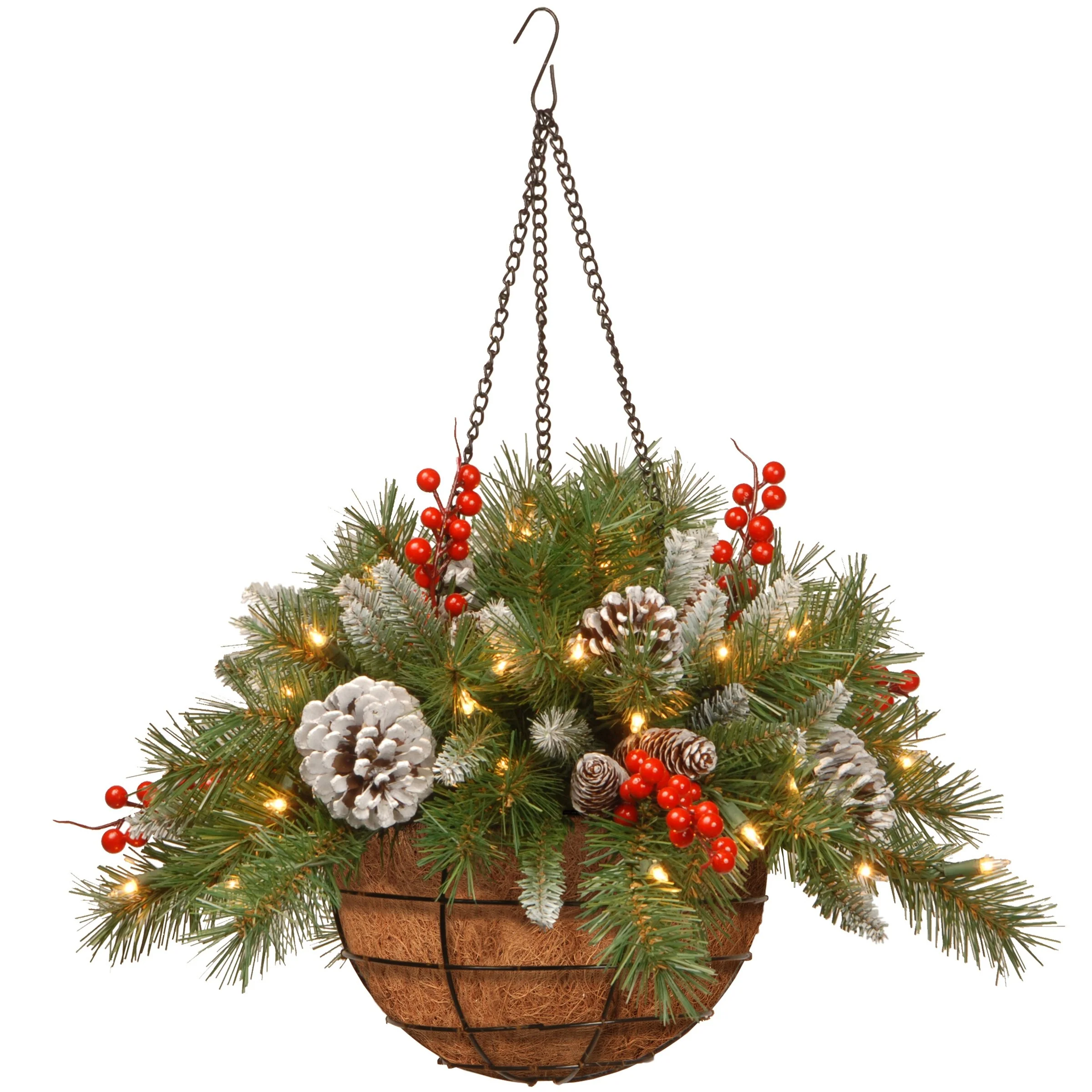 National Tree Company 20 in. Pre-lit Frosted Pine/ Red Berries Hanging Arrangement