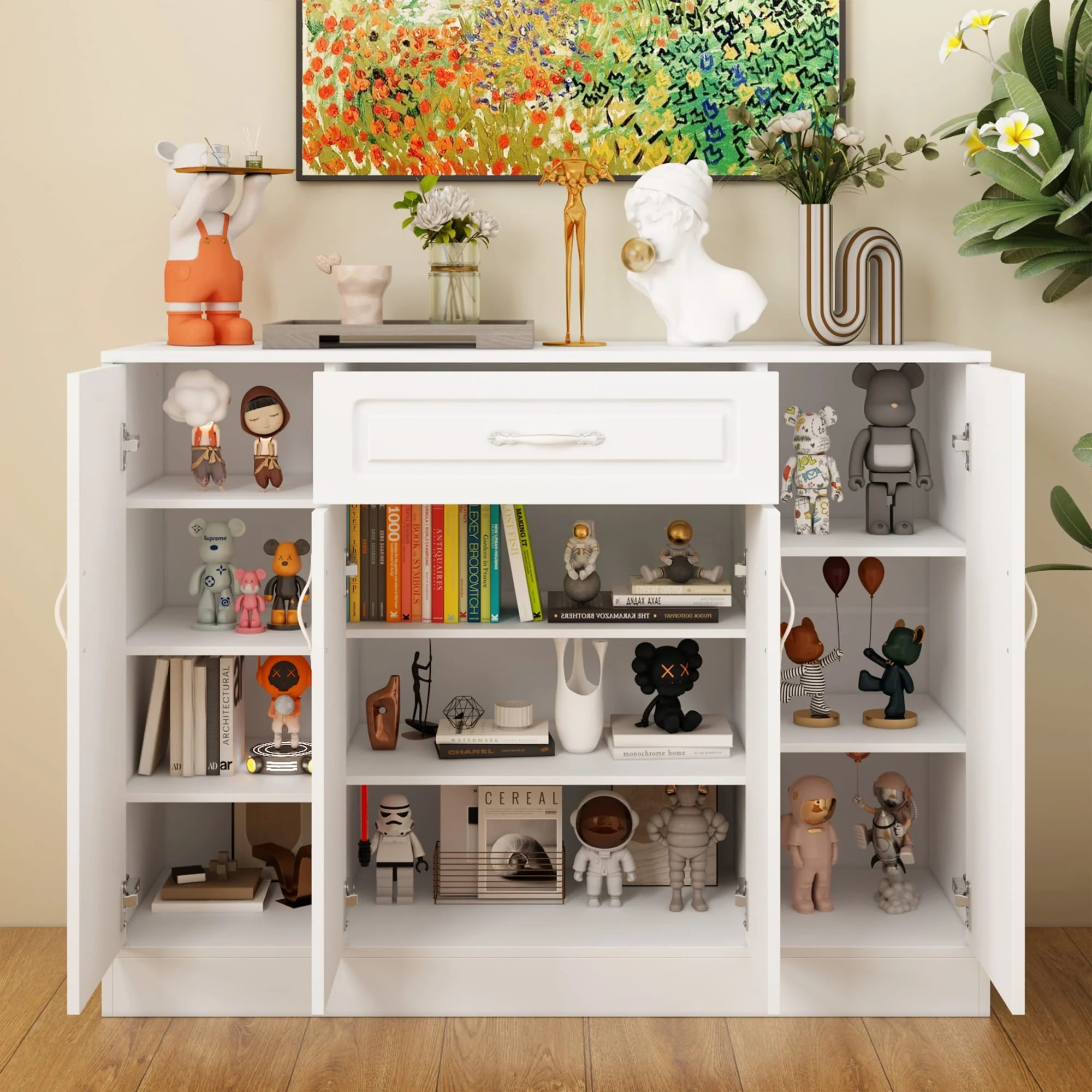 Multi-Functional White Shoe Cabinet with Adjustable Shelves Entryway