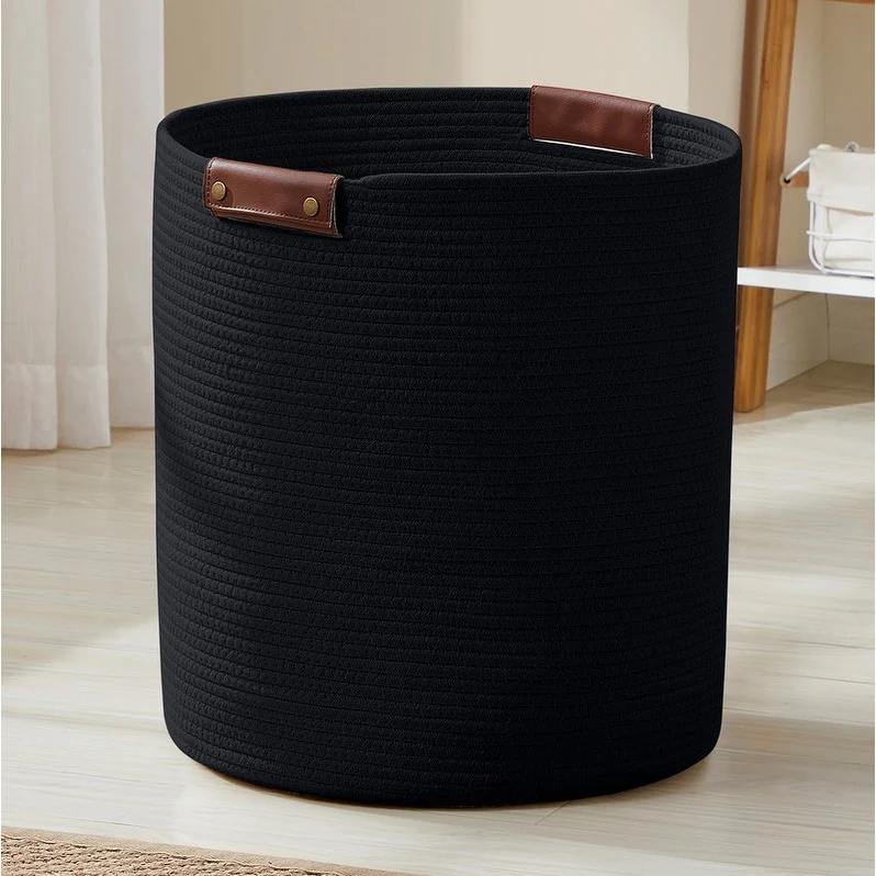 Large Cotton Rope Storage Basket Laundry Hamper Woven Basket with Leather Handles -16 x 18 - 16