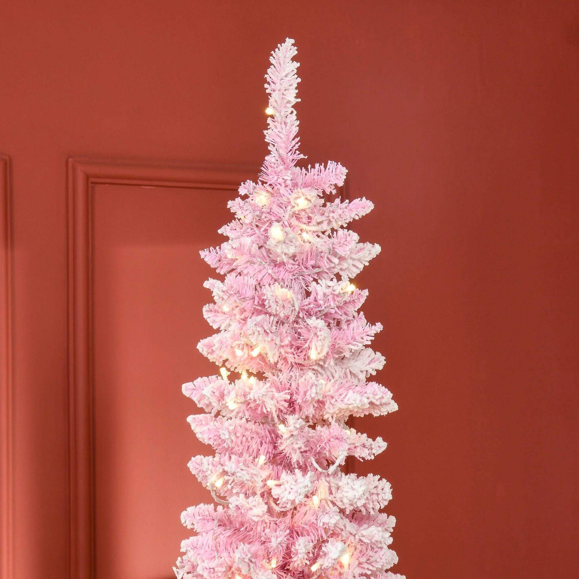Prelit 7.5ft Snow Flocked Christmas Tree with Realistic Pine Branches and Auto Open Design, Pink and White