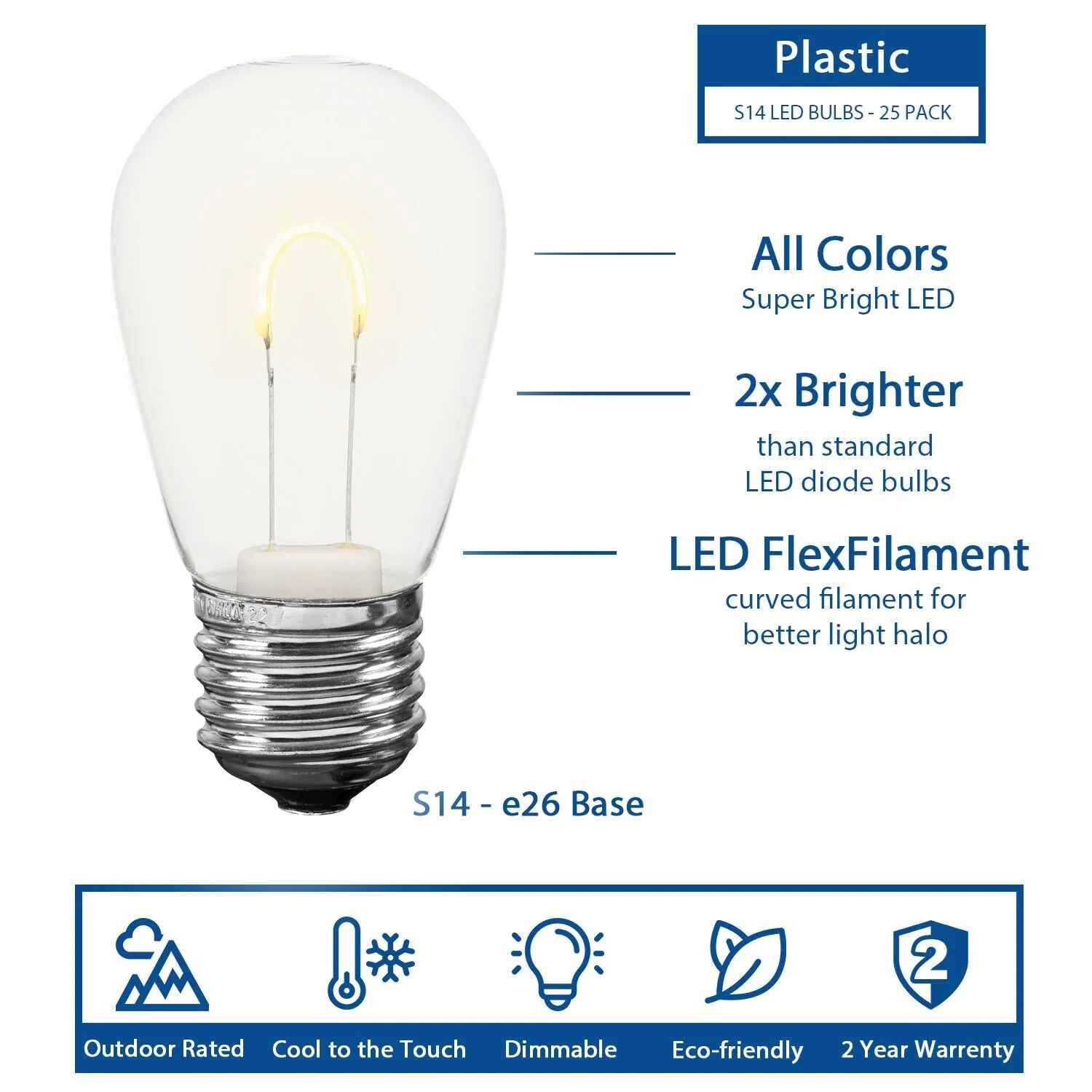 25 Pack LED S14 Outdoor Patio Edison Replacement Bulbs, Warm White, E26 Base