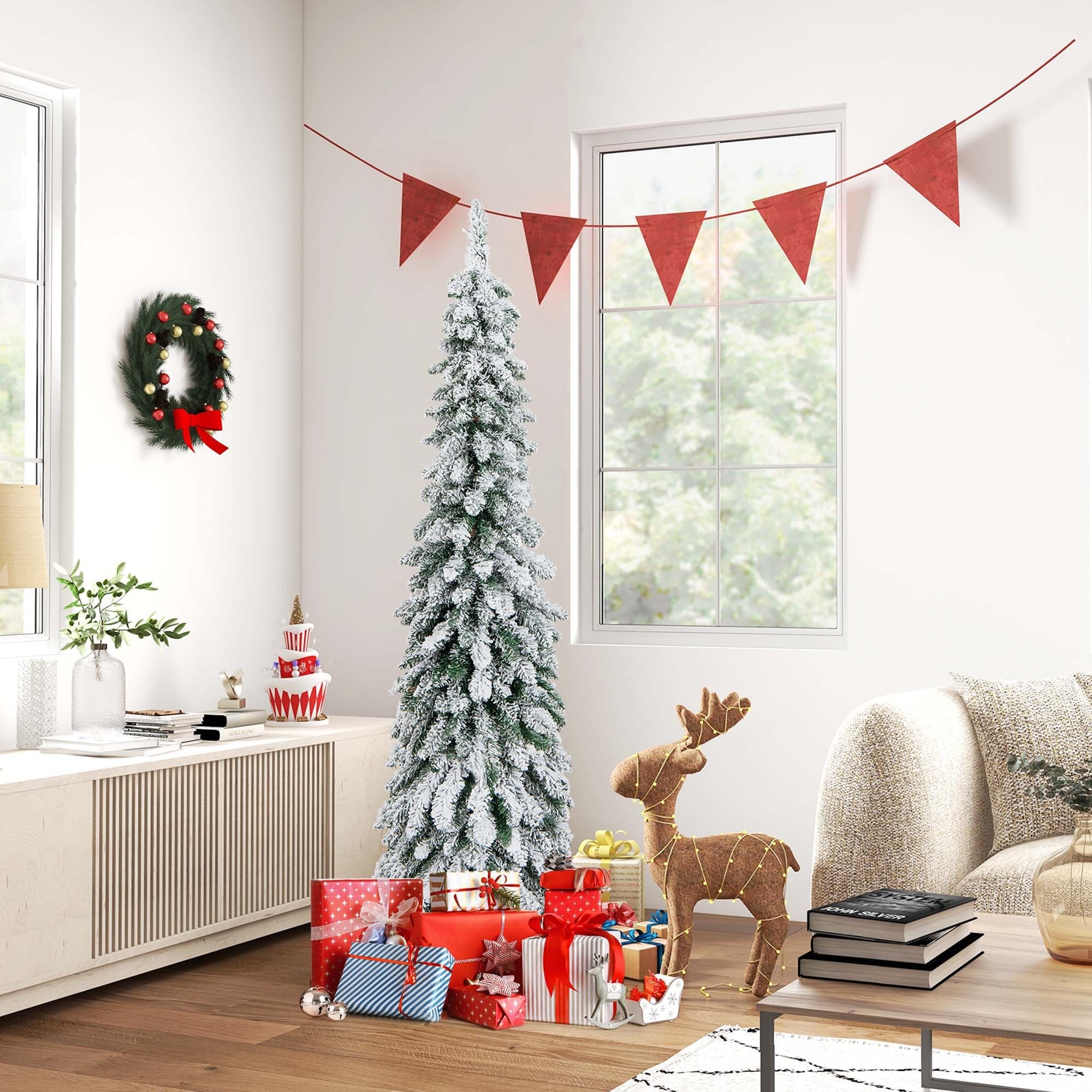 4 /5/6FT Pre-Lit Slim Christmas Tree Flocked Decoration LED Lights