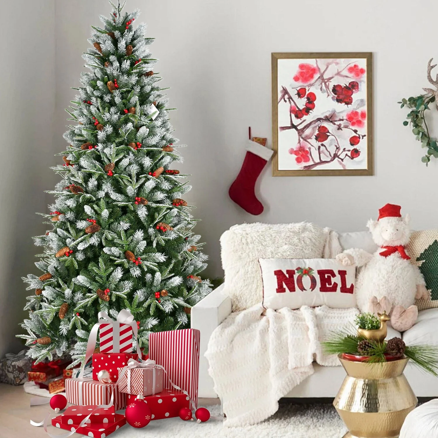 4FT Christmas Tree with 747 Tips, Red Berries & Pine Cones-Snow-Dusted PE+PVC Branches, Hinged Design for Easy Setup