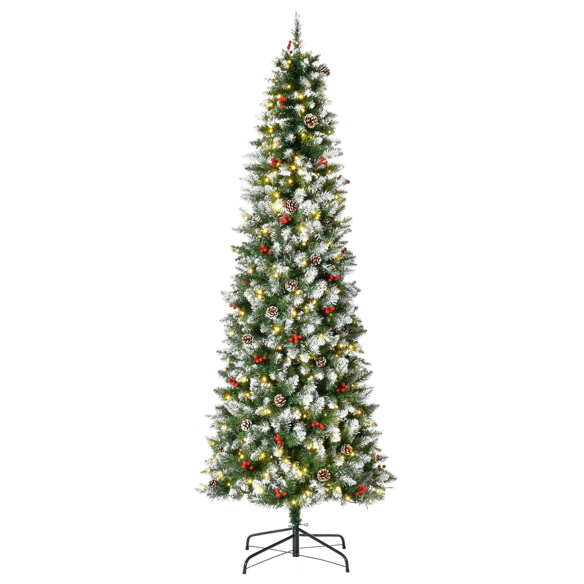 Pre-Lit Snow-Dipped Artificial Christmas Tree With Realistic Branches, Led Lights, Pine Cones, Red Berries And Tips
