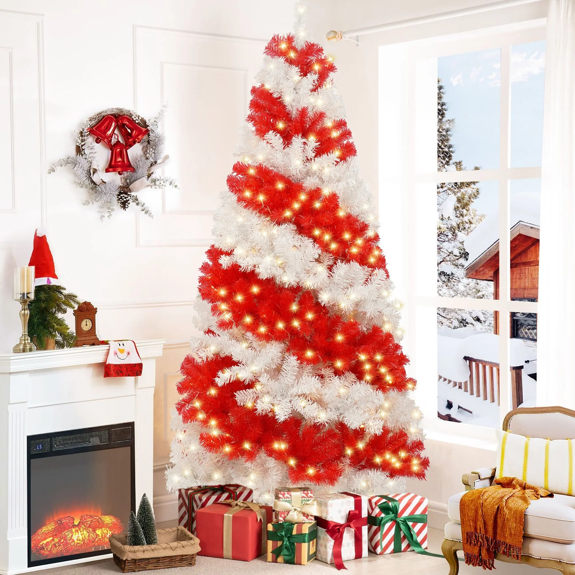 6ft Artificial Candy Cane Christmas Tree, 300 Warm LED Lights, 900 Flexible Branches, Festive Holiday Decor