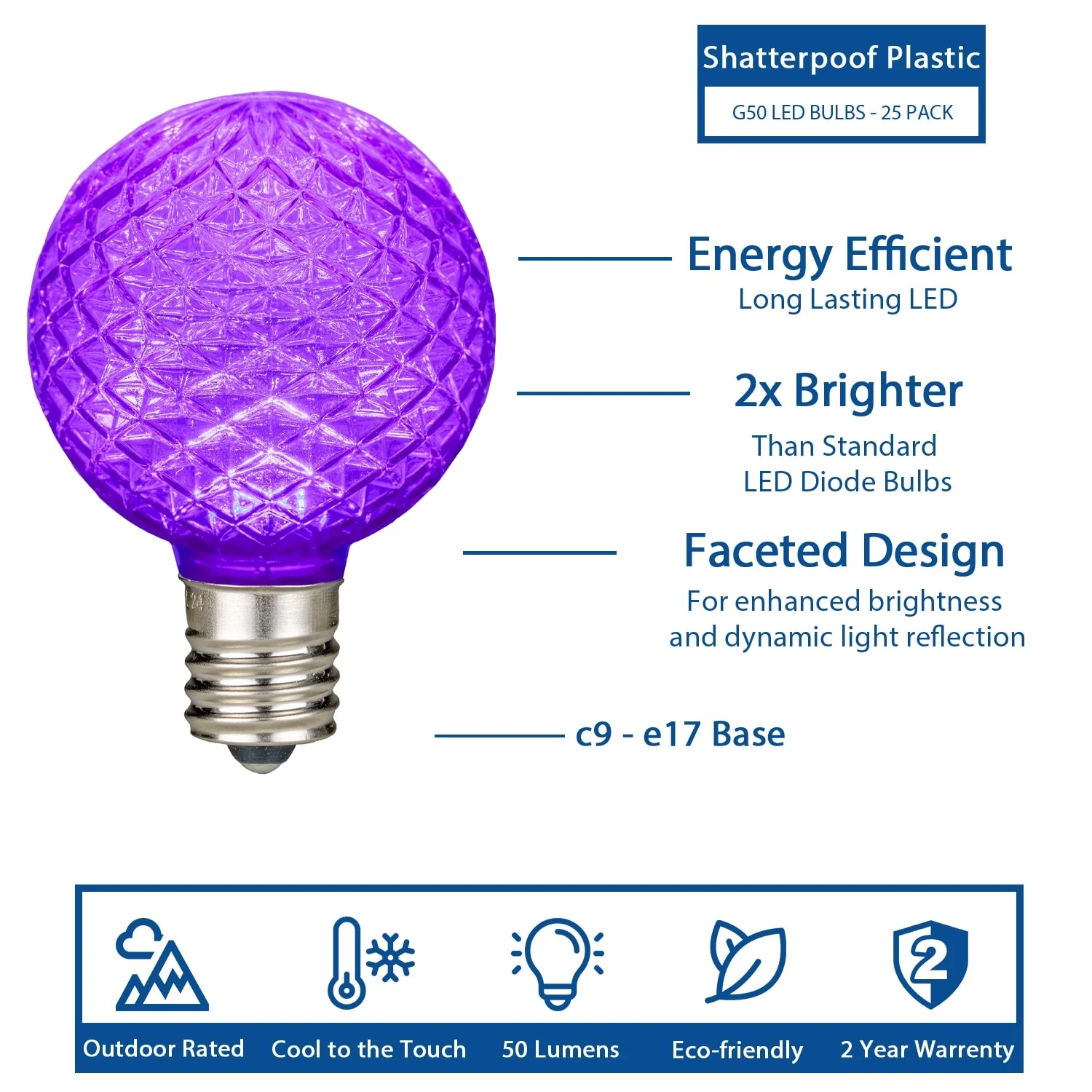 25 Pack LED G50 Faceted Plastic Filament Outdoor Globe Replacement Bulbs, Modern Multicolor