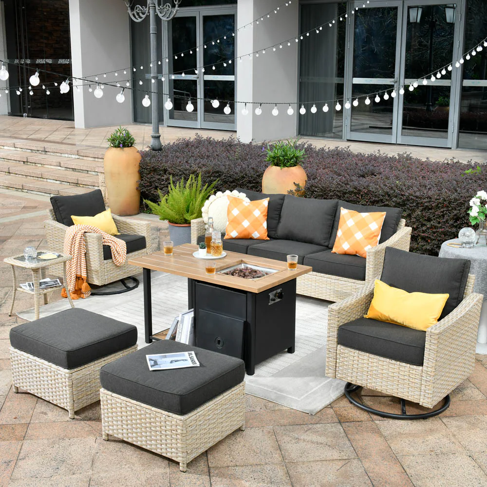 Ovios Athena Series Outdoor Patio Furniture Set 7-Piece with Swivel Chair & 46'' Double Layer Rectangle Fire Pit Table