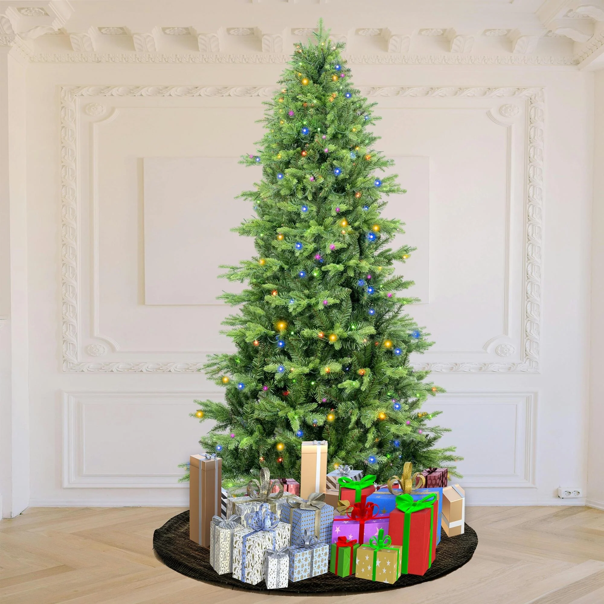 7.5ft Prelit Christmas Tree, 2286 Tips, 550 Multi-Color LEDs, PE & PVC, Metal Stand, Indoor Holiday Decor