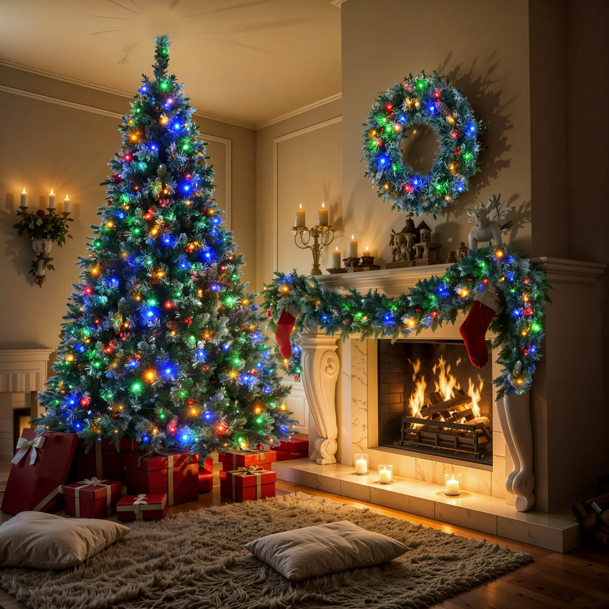 Pre-Lit 6FT Xmas Tree Set with Garland, Wreath and 11 Lighting Modes