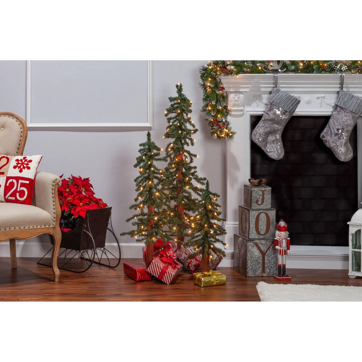 Set of 3 PreLit Alpine Trees with LED Lights - N/A