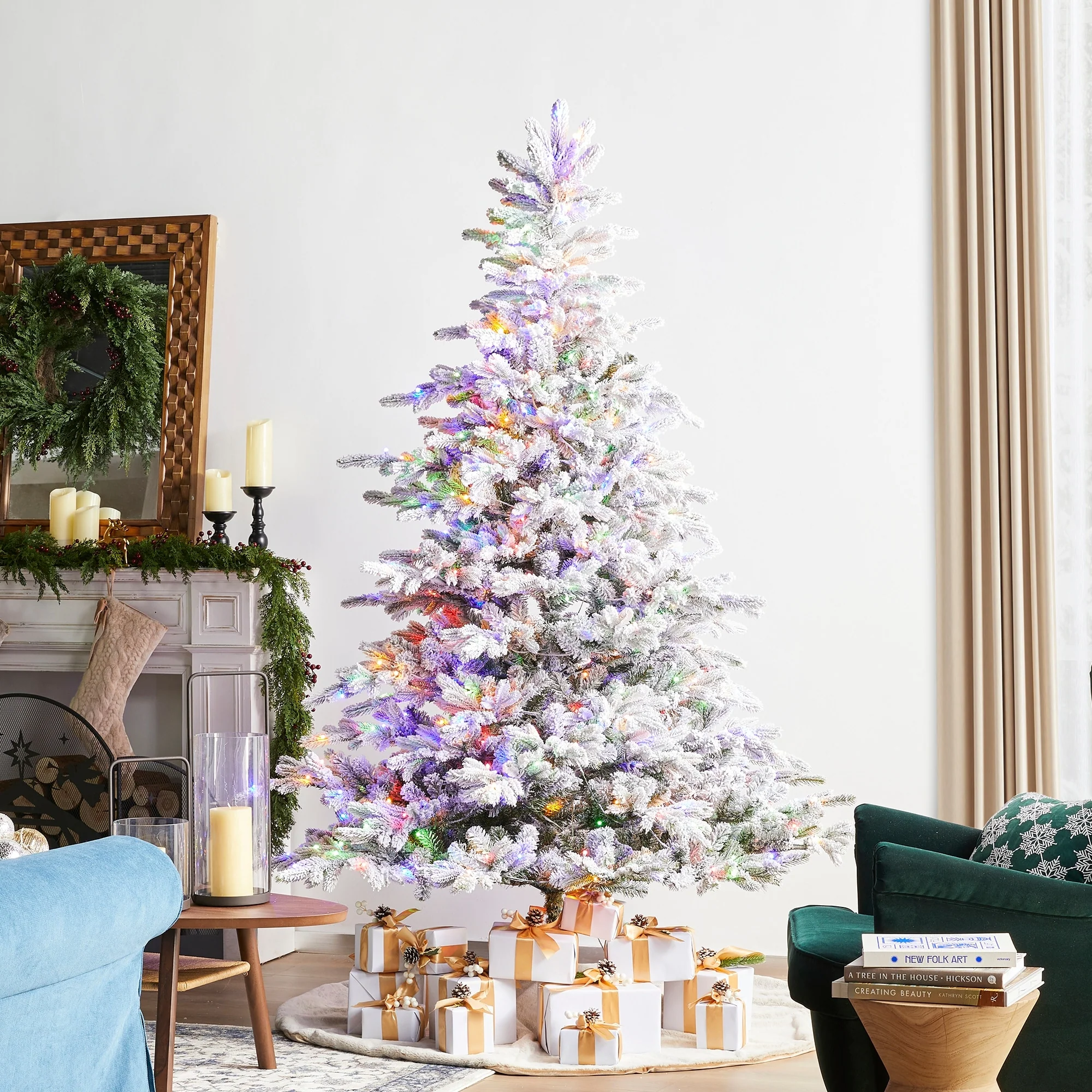 Glitzhome 7.5ft/9ft Pre-Lit Flocked Full Fir Artificial Christmas Trees with Foot Pedal