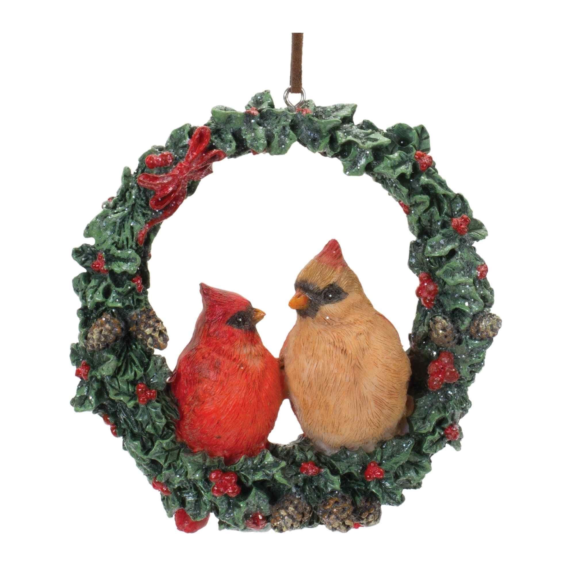 Set of 4 Cardinal Bird Couple Wreath Christmas Ornaments 4.5