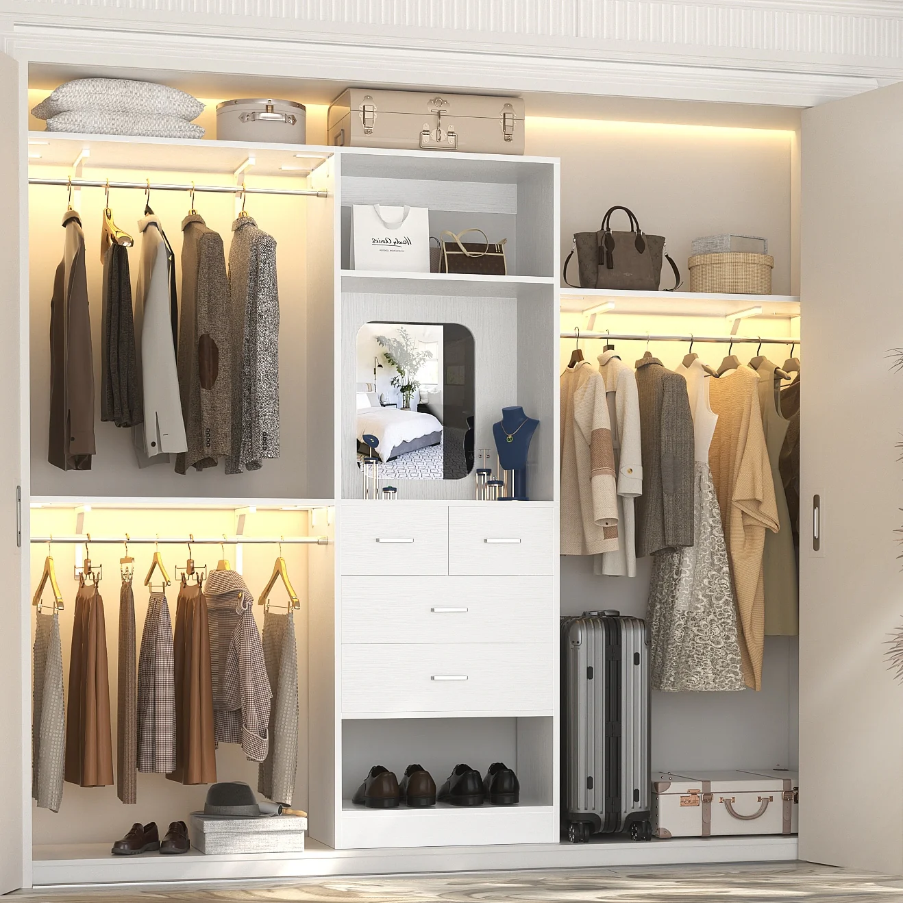 96'' W Closet System with Mirror, 8FT Walk-in Closet Organizer Kits with 4 Wooden Drawers & 3 Extendable Hanging Rods