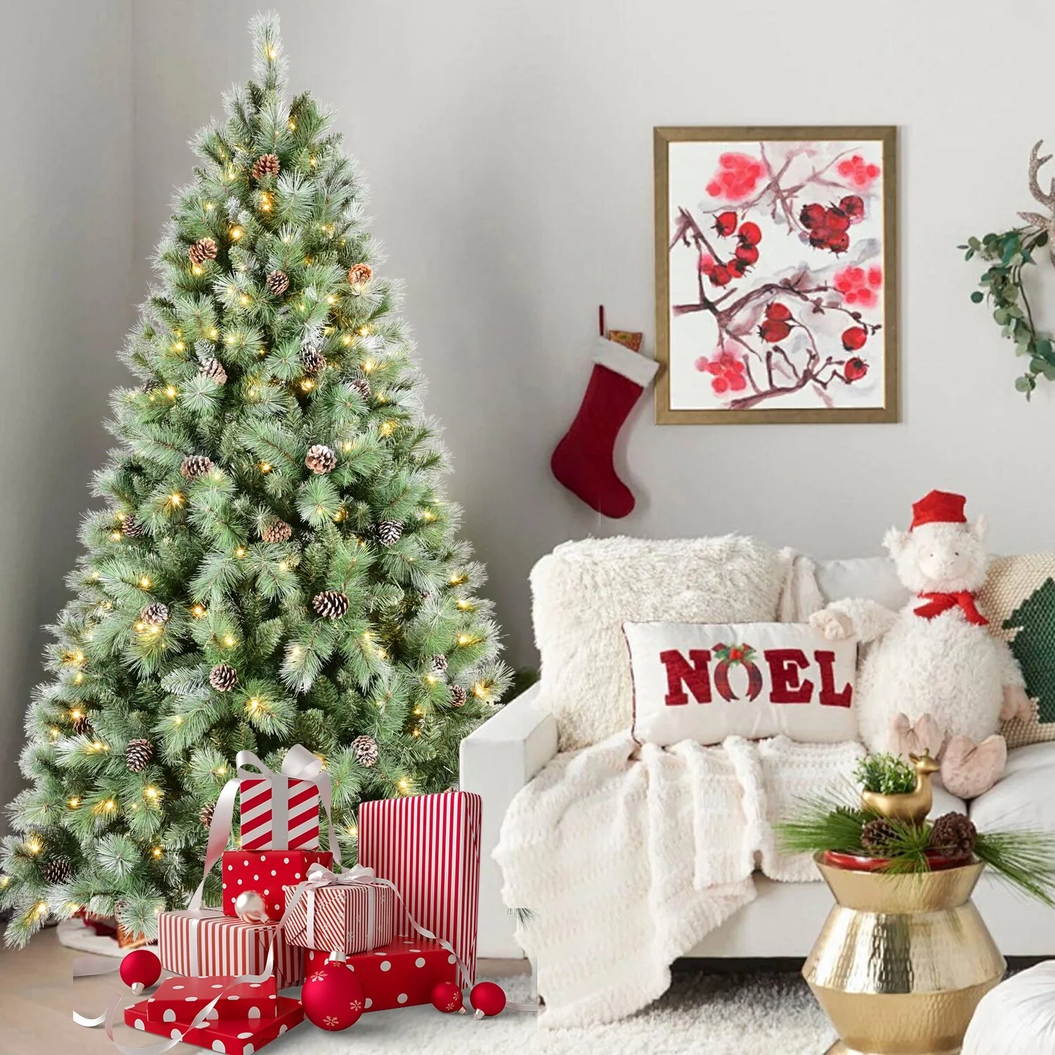 5FT Christmas Tree with 200 Warm White LED Lights-694 PVC & Hard Needle Tips, 51 Pine Cones,Hinged Branch Design