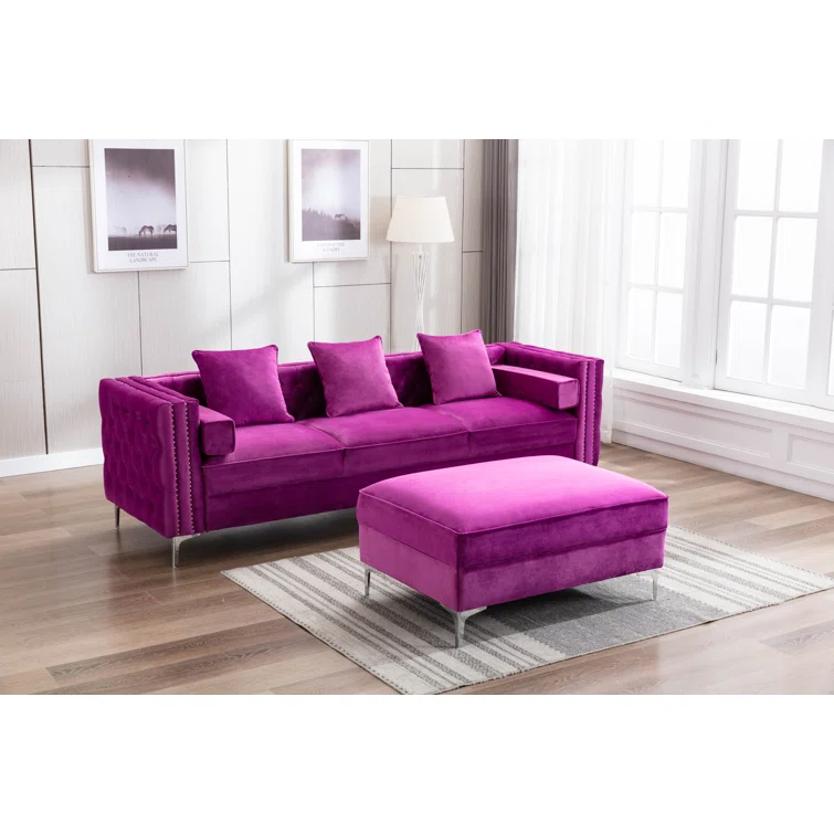 Zaida 104" Wide Velvet Reversible Modular Sofa & Chaise with Ottoman