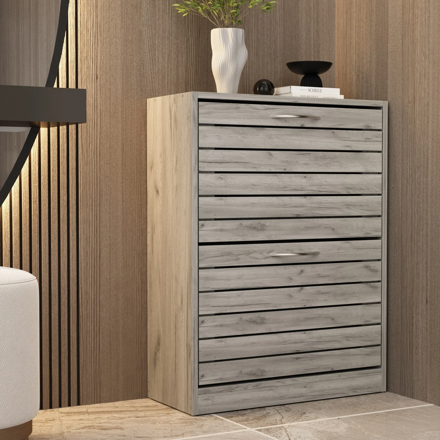 6-12 Pair Shoe Storage Cabinet Two Drawer Space Saving Grey/Oak