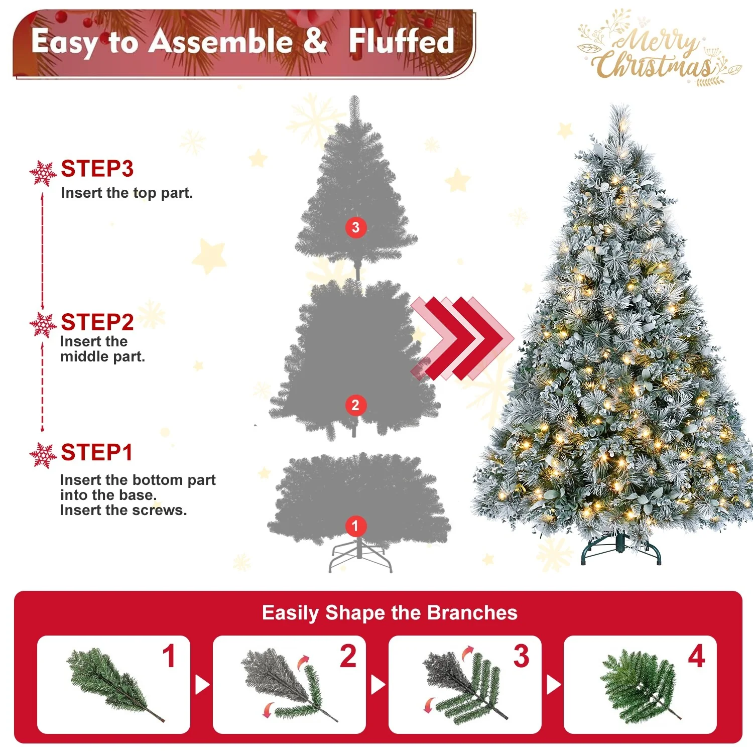4FT Prelit Flocked Christmas Tree with Pine Needles & Eucalyptus Leaves,150 Warm White LED Lights,404 Tips, Hinged Branches
