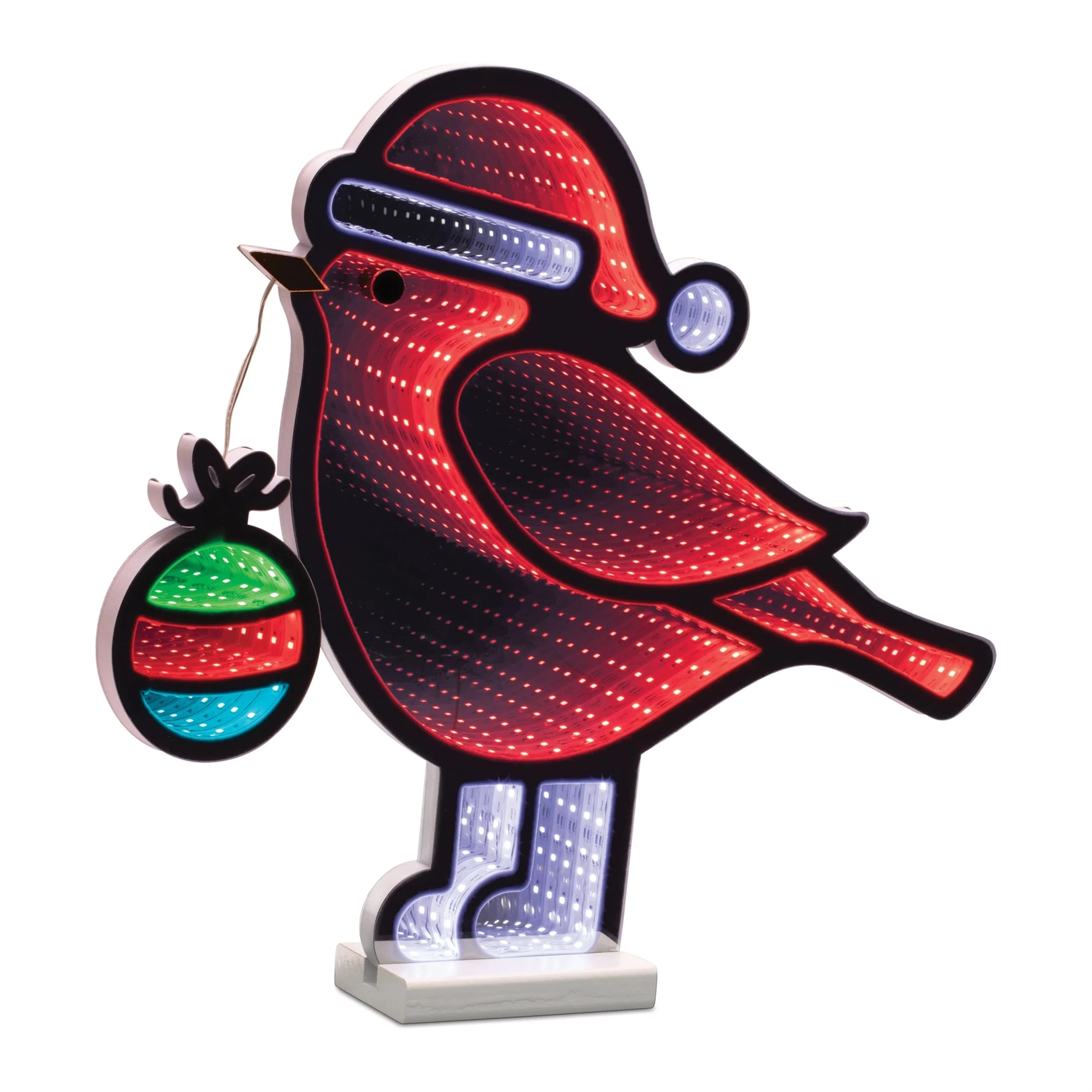 Acrylic Plastic Cardinal Bird with Santa Hat Ornament and Infinity Light Effect - 18” x 2.75” x 15.75” (L x W x H)