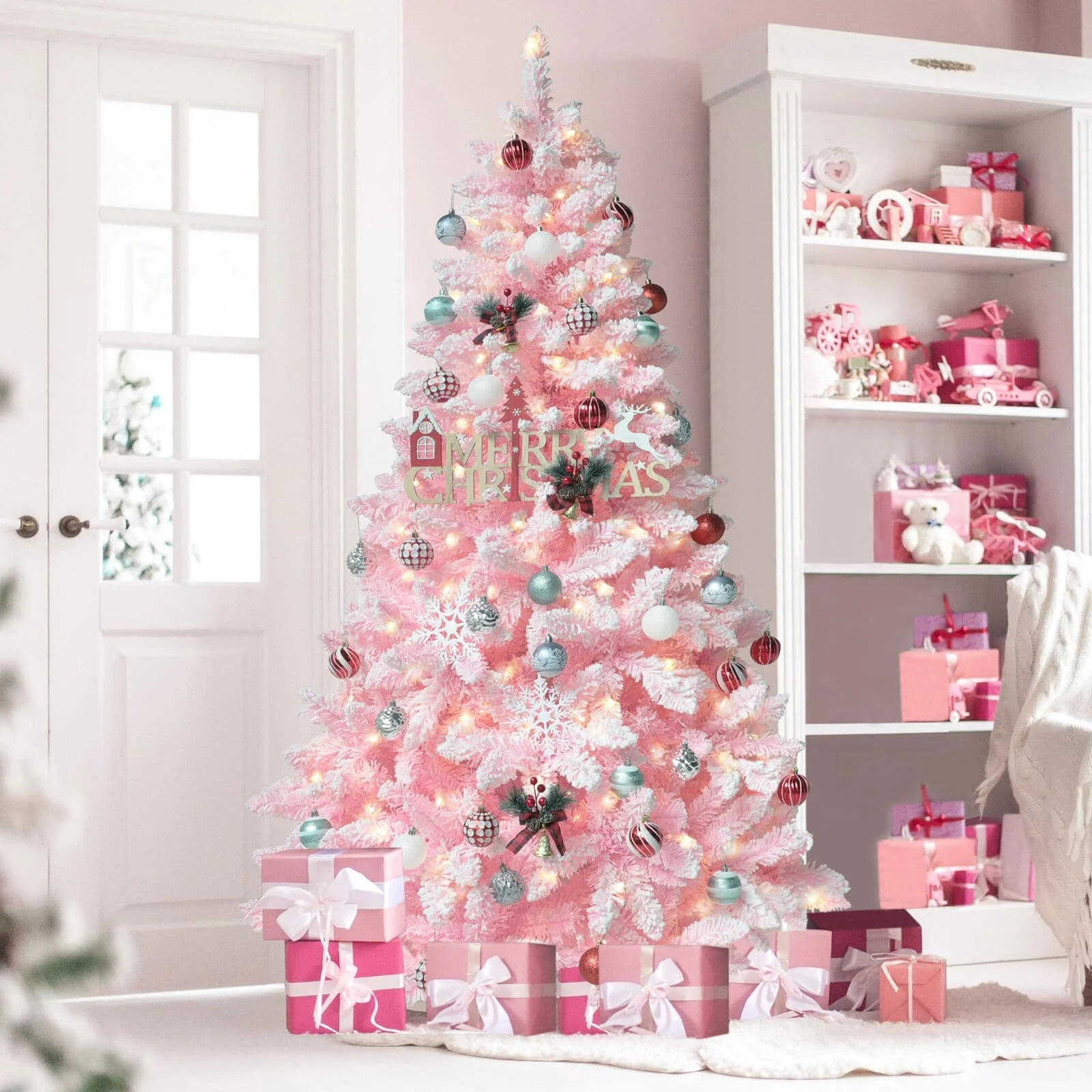 VEIKOUS 6.5FT/7.5FT Pre-lit Christmas Tree Snow Flocked/Artificial with Lights and Metal Stand
