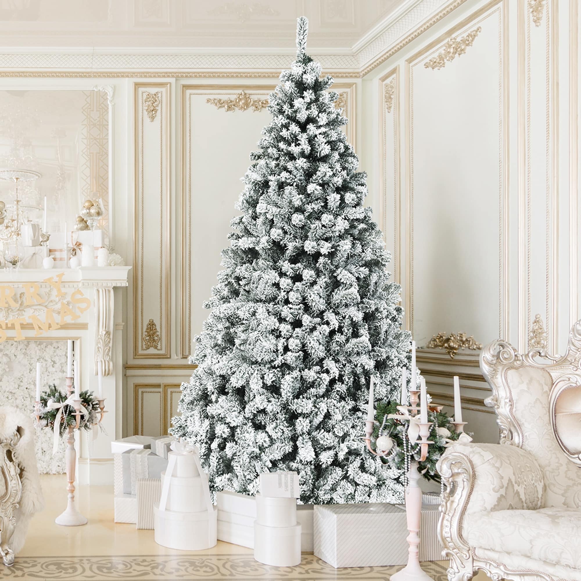 Gymax 6/7.5/9 FT Pre-Lit Christmas Tree Snow Flocked Hinged Pine Tree