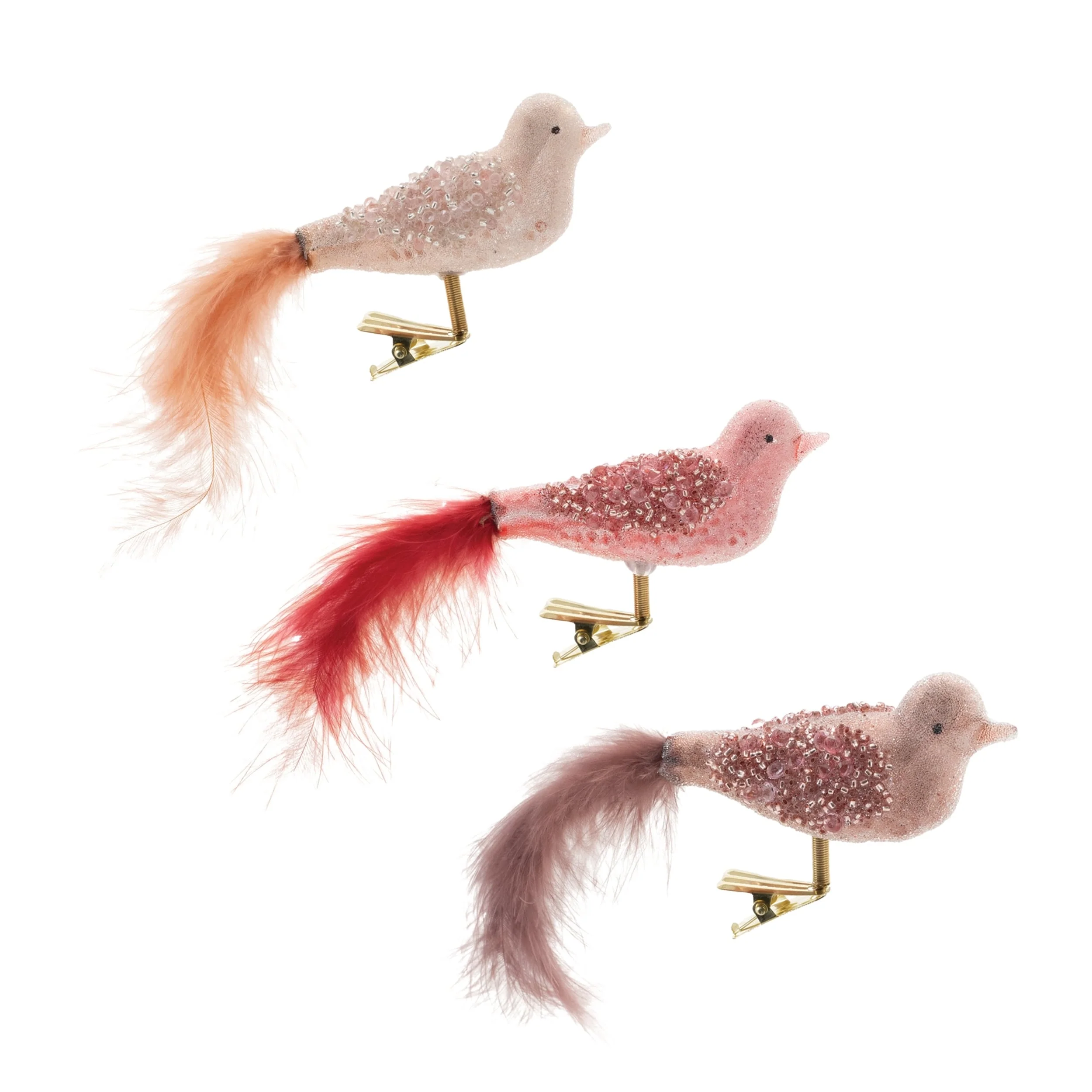 Glass Beaded Bird Ornaments with Clip Set of 12 Festive Decor - 6” x 1” x 2” (L x W x H)