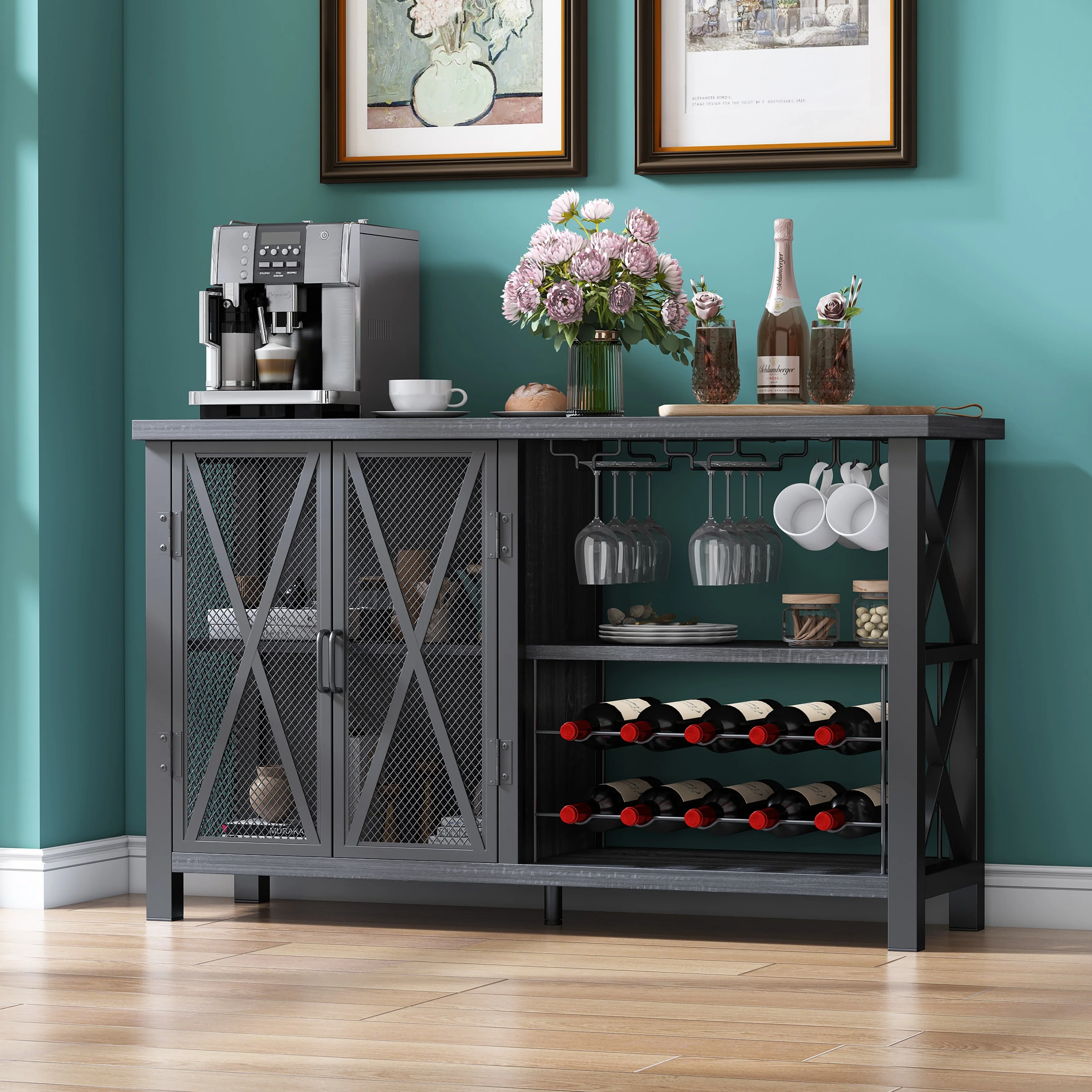 Myhozm Buffet Bar Cabinet with Wine Rack, Modern Buffet/Sideboard Wine Bar Dining Server, Grey/Brown