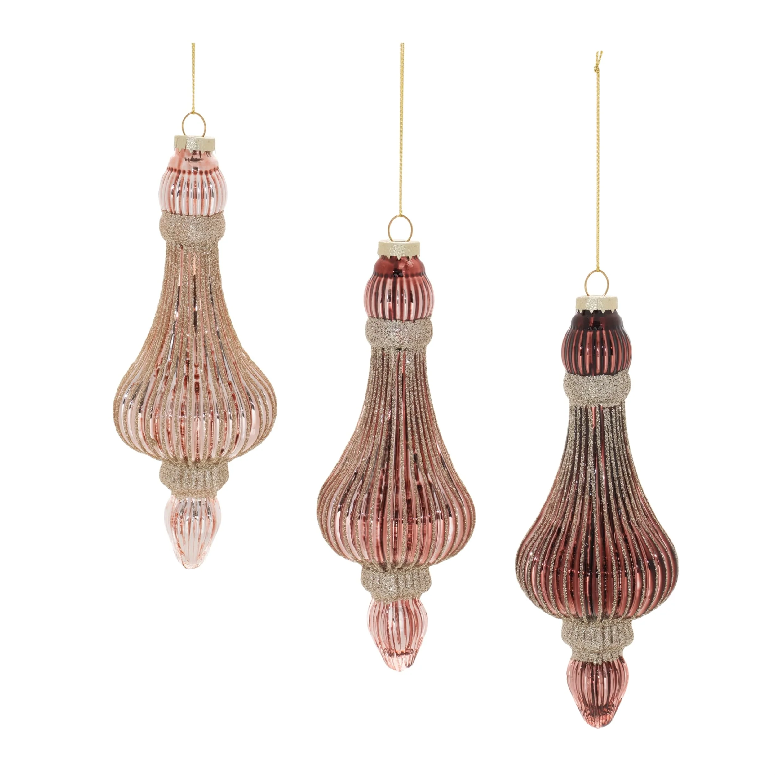 Set of 6 Decorative Ribbed Glass Drop Ornaments in Gold Pink and Mauve Christmas Tree Decor - 2”L x 2”W x 7.75”H