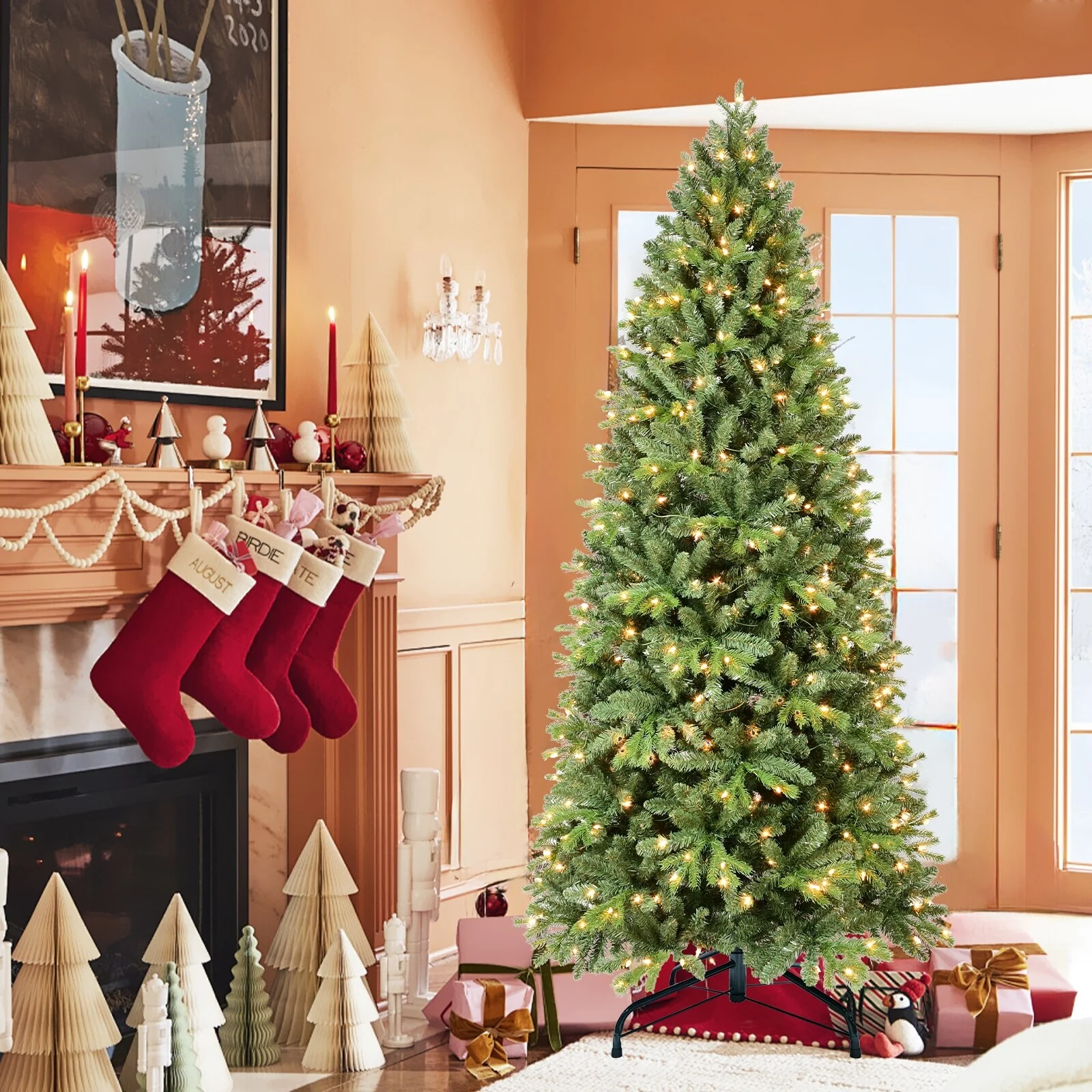 6FT Christmas Tree with 1032 Tips and 300 Warm White LED Lights-PVC+PE Mixed Branches,Hinged Structure for Easy Setup