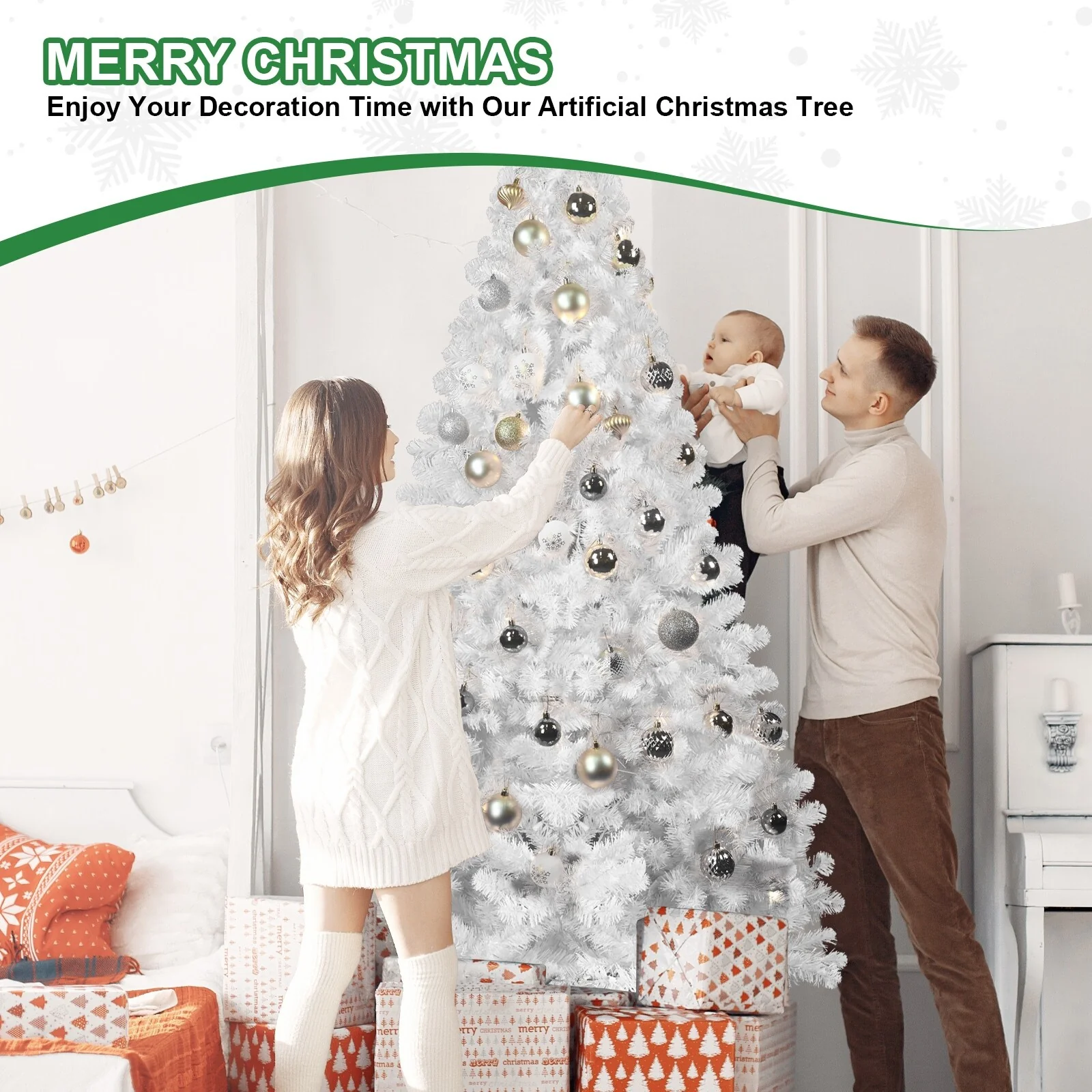 White Christmas Tree with Memory Wire,Hinged Artificial PVC Tree, Easy Assembly Holiday Xmas Tree(Ornaments Not Included)