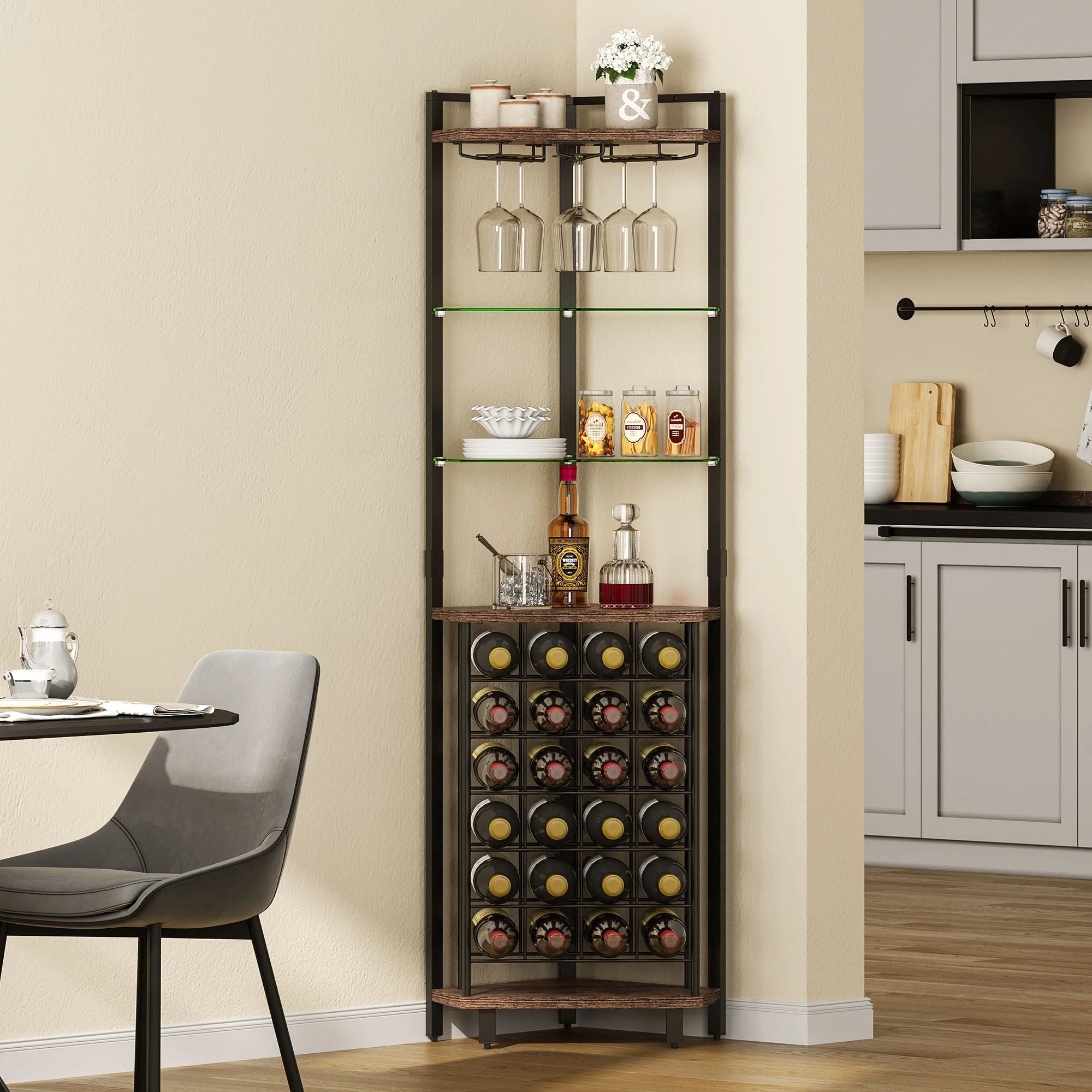Moasis 4-Tier Corner Wine Rack Bar Storage with Glass Holder and Shelves