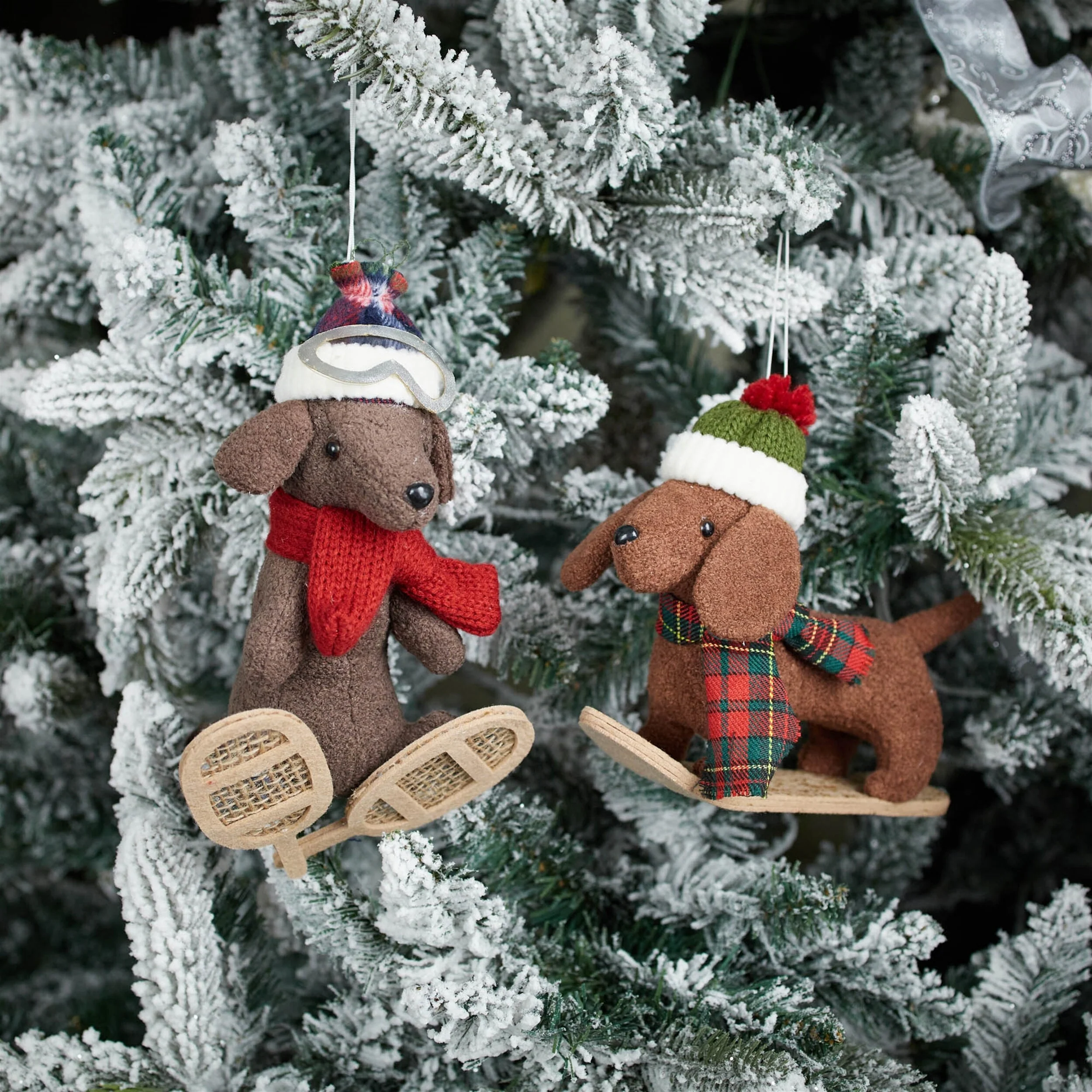 Set of 6 Plush Dog Christmas Ornaments with Snowboards and Snowshoes for Holiday Tree Decor - 6”L x 6”W x 9”H