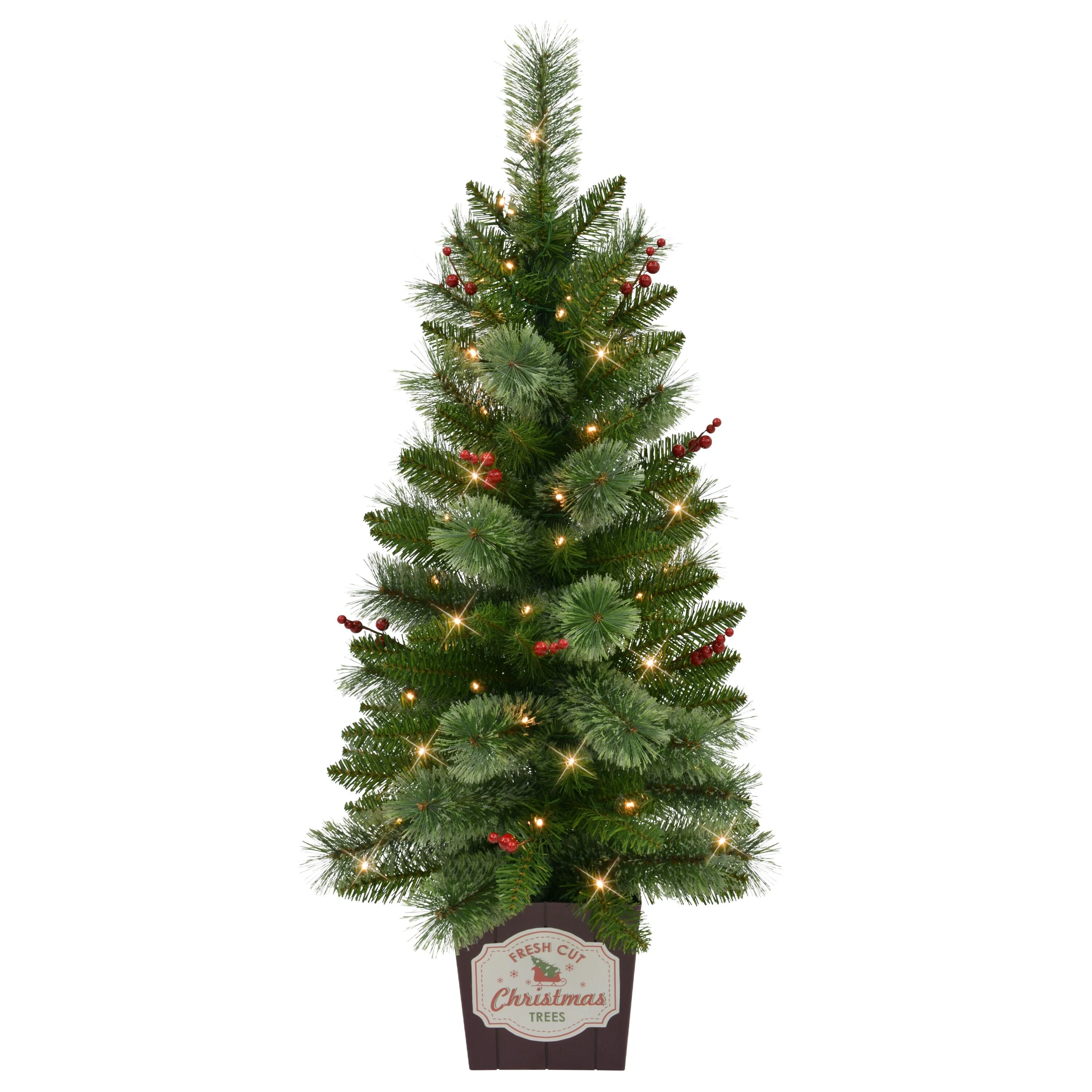 Puleo International Set of 2 Artificial Feather-Like Pre-Lit Battery-Operated Potted Christmas Trees with Berries
