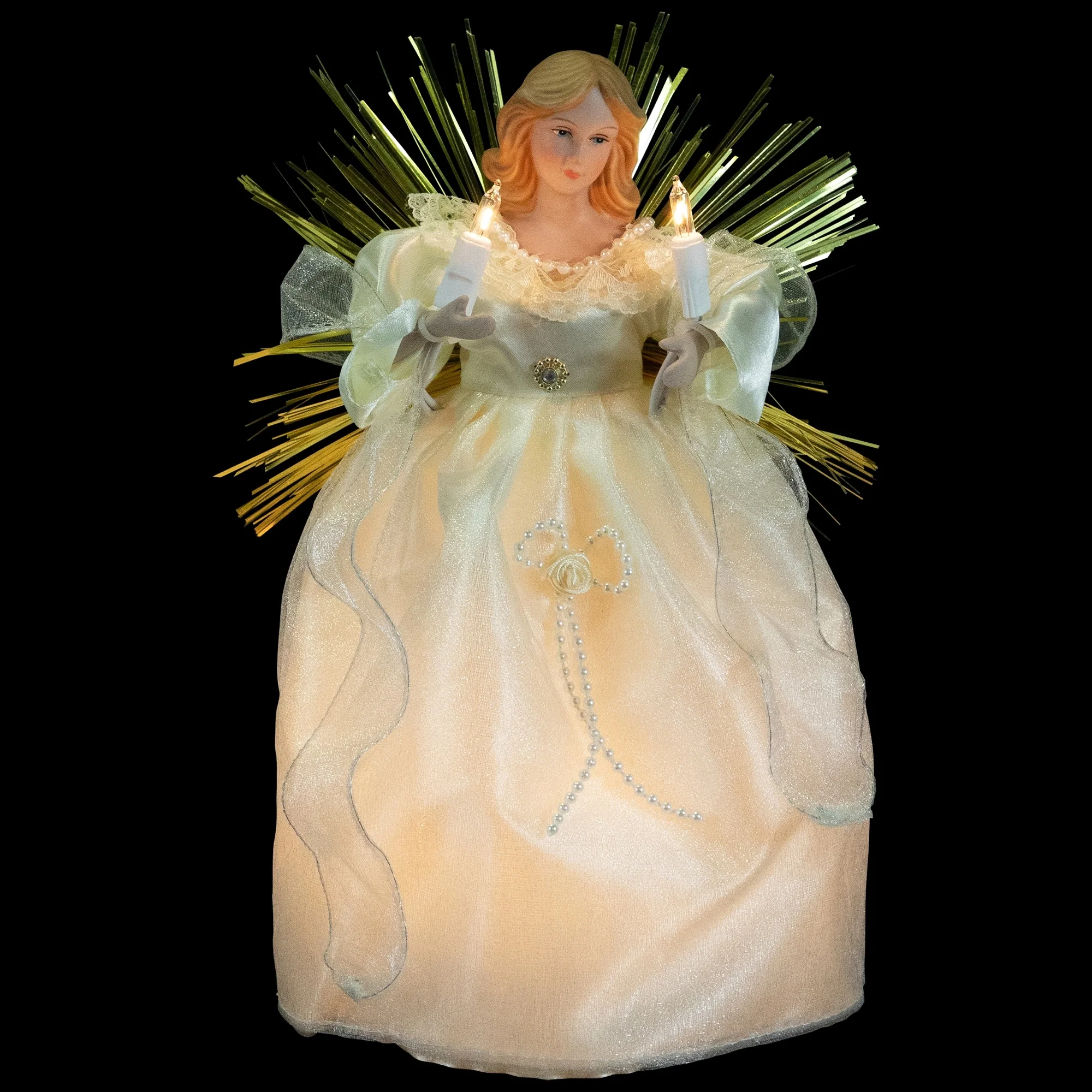 Angel with Candle Lighted Christmas Tree Topper - 10.5” - Gold - Clear Lights
