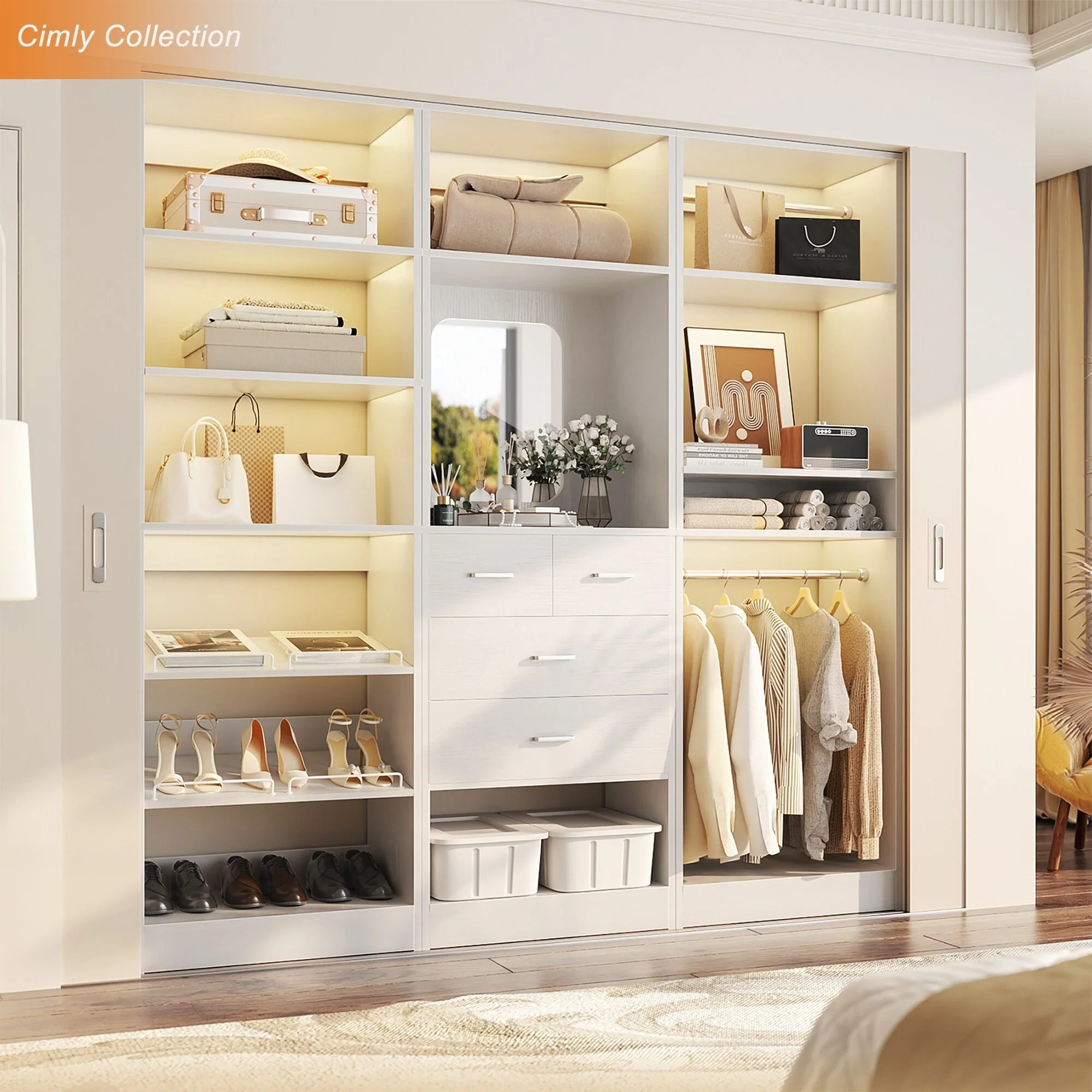 Cimly Set of 3 Freestanding Closet System with Drawers and Shoe Racks, 75'' Closet Organizer with Hanging Rods and Mirror