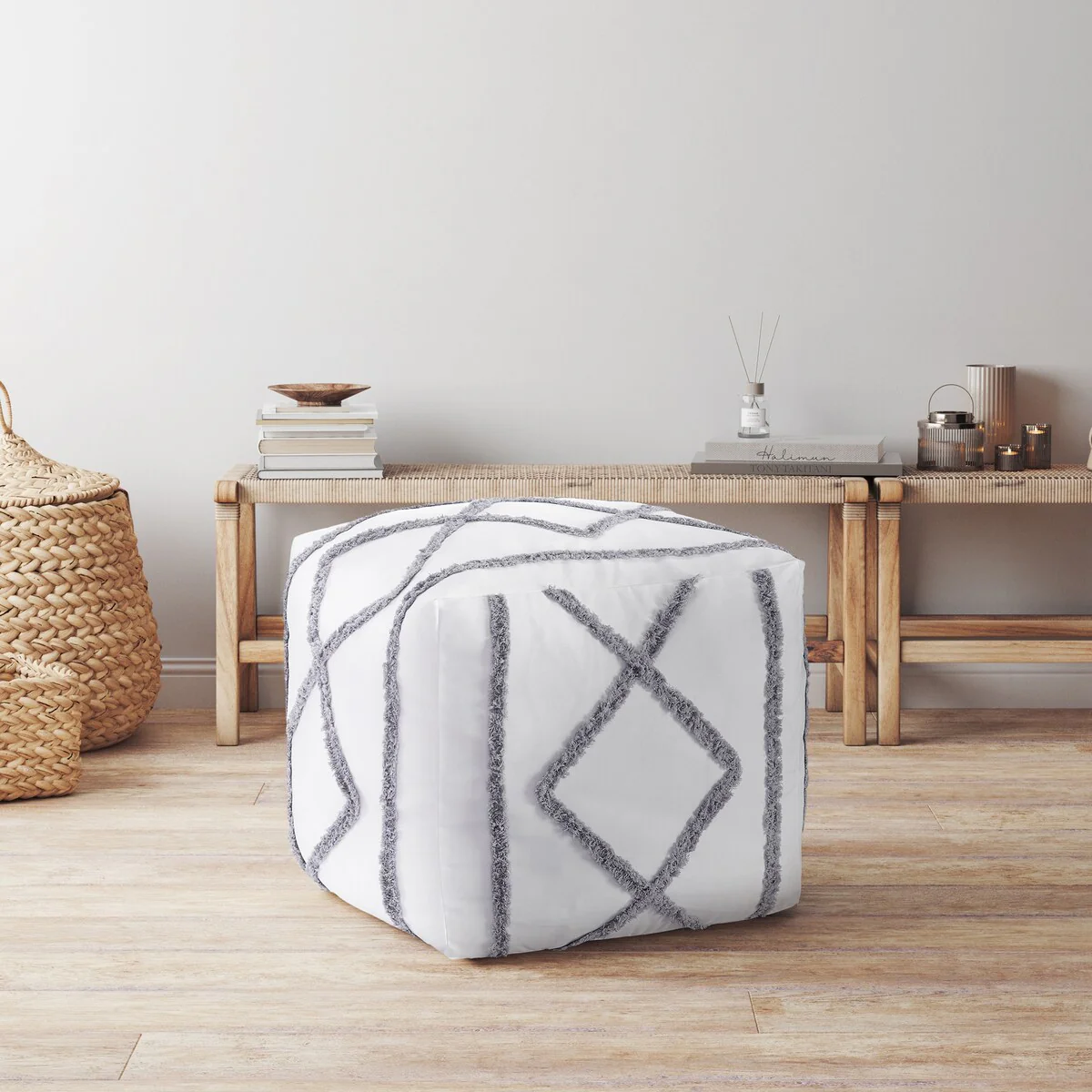 Sweet Jojo Designs White Grey Bohemian Boho Chic Unstuffed Ottoman Pouf Cover Farmhouse Shabby Textured Macrame Trim Minimalist
