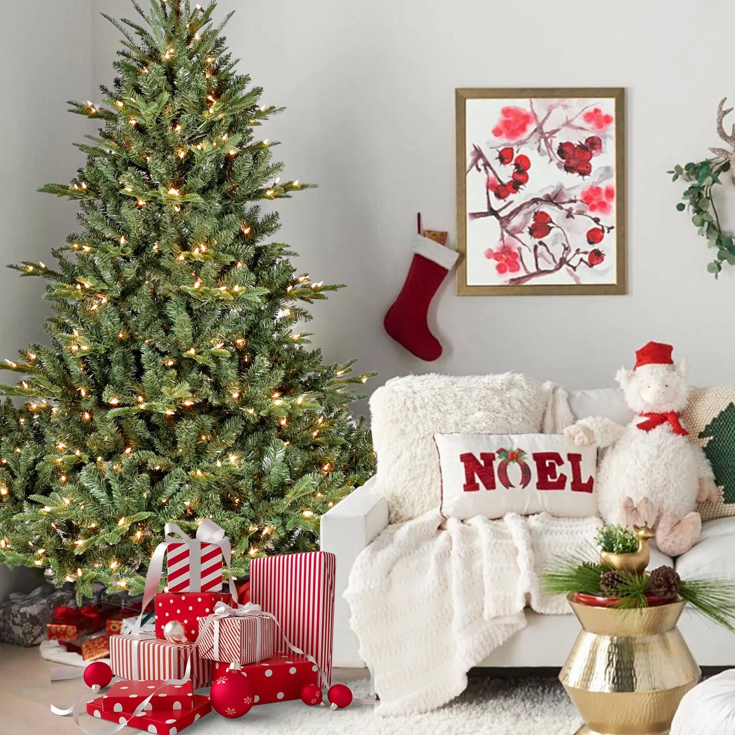 5FT Full-Shape Christmas Tree with 350 UL Lights-PE/PVC Mixed Branches, 1129 Tips, Wide Base for Spacious Areas
