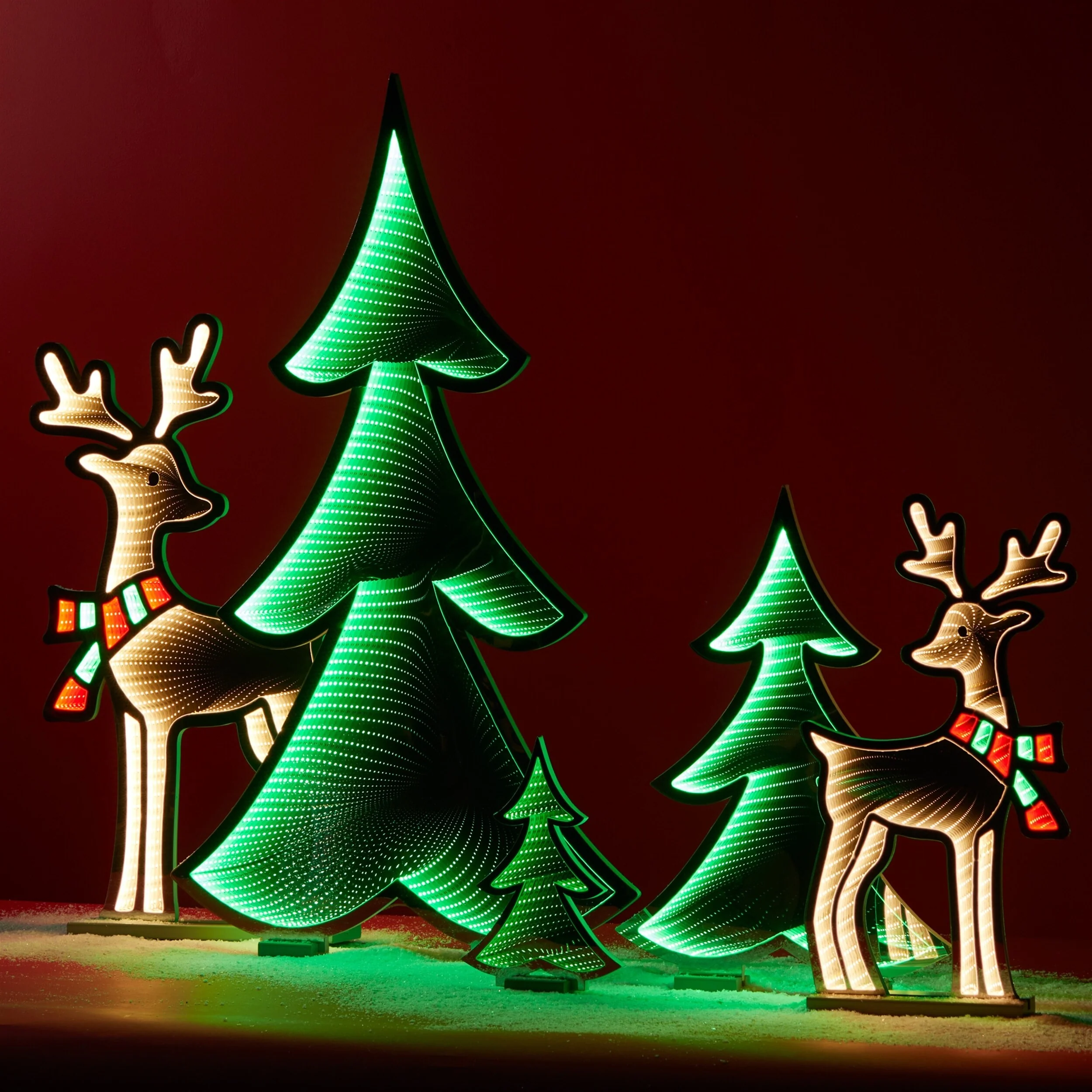 Green Acrylic PET Pine Tree with Infinity Light Effect for Holiday Display - 8.5” x 3” x 11.75” (L x W x H)