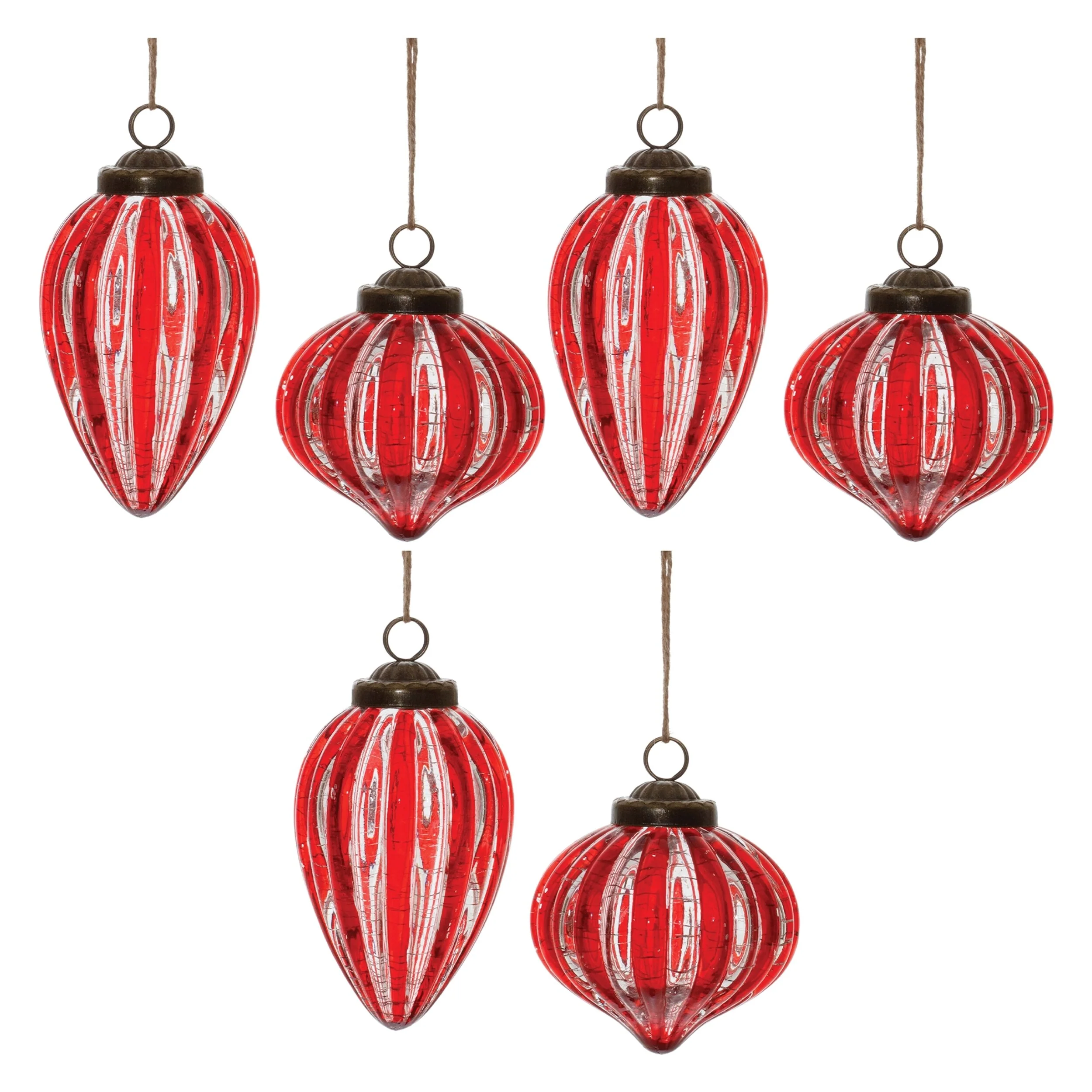 Set of 6 Glass Christmas Tree Ornaments Red Ribbed for Seasonal Decor - 3