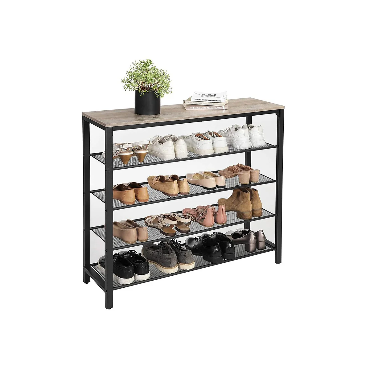 VASAGLE Shoe Rack, 5-Tier Shoe Storage Organizer with 4 Mesh Shelves for 16-20 Pairs and Large Surface for Bags