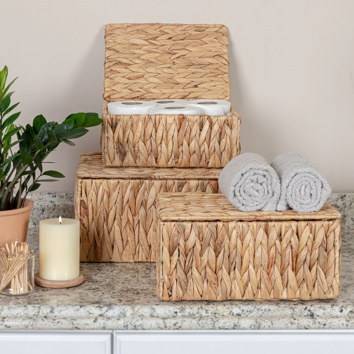 Household Essentials Water Hyacinth Nesting Basket Set with Lid, Set of 3 - 14.2