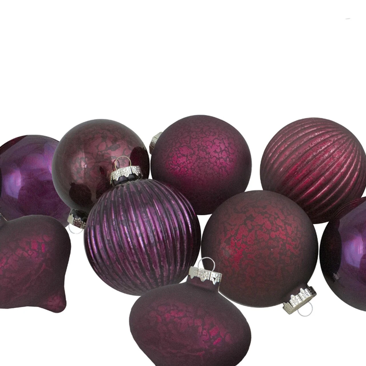 Finial and Glass Ball Christmas Ornaments - Burgundy and Purple - Set of 9