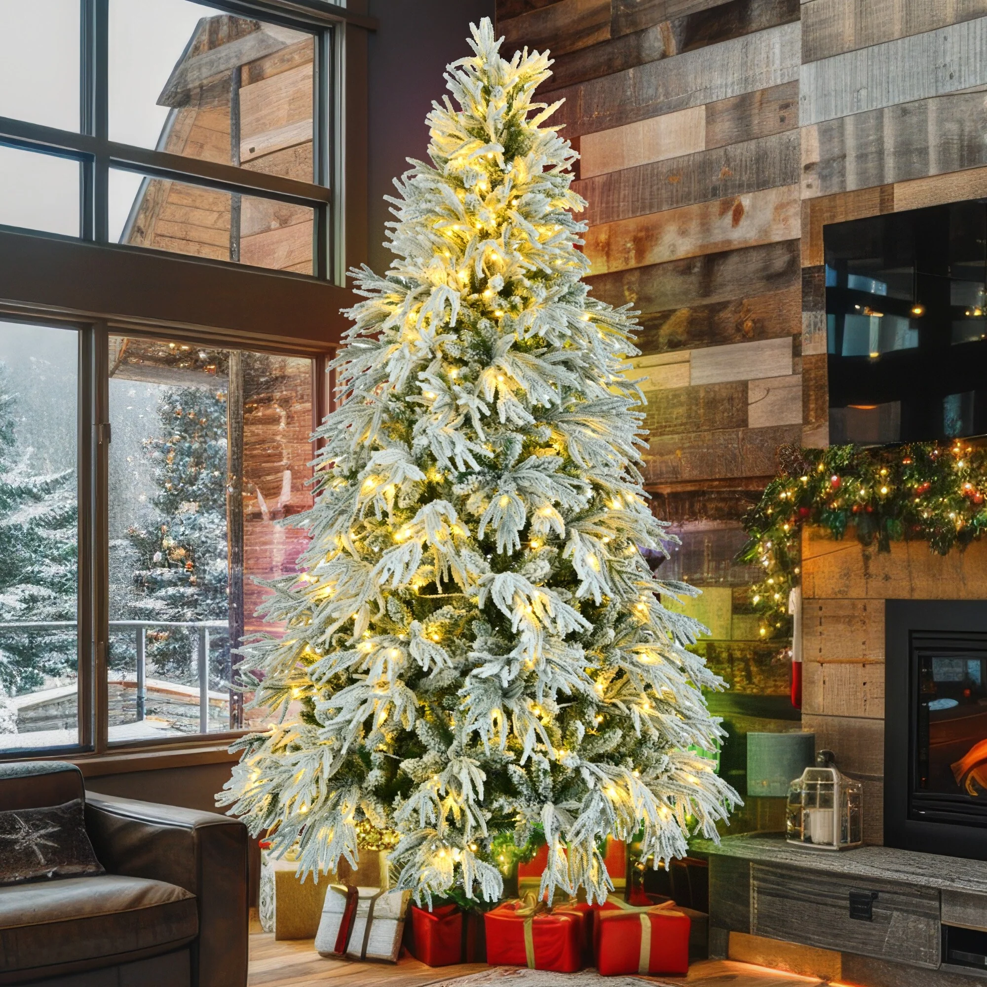7.5FT Pre-Lit Spruce Snow Flocked Christmas Tree,350 Multi-Color LED Lights,8 Flashing Modes & 1389 Snow Branch Tips - N/A